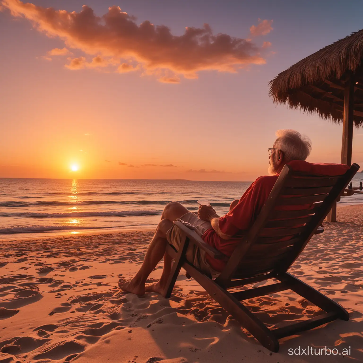 The old man lay on the lounge chair, gazing at the big red sunset.