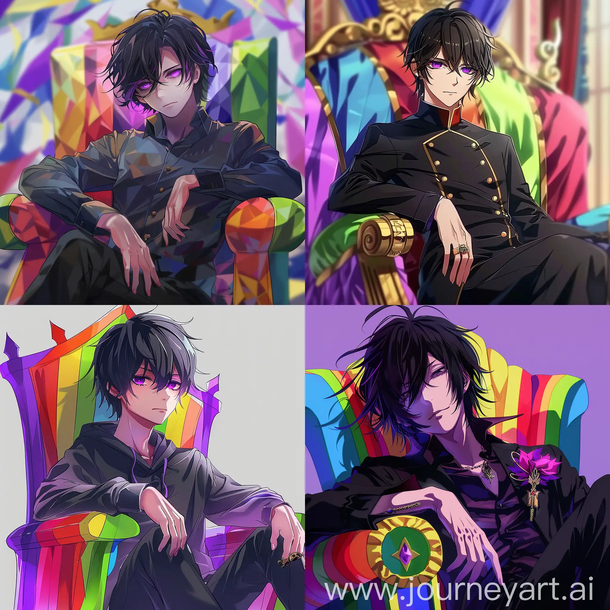 anime aesthetics, young man, black hair, purple eyes, sitted on a multicolored throne