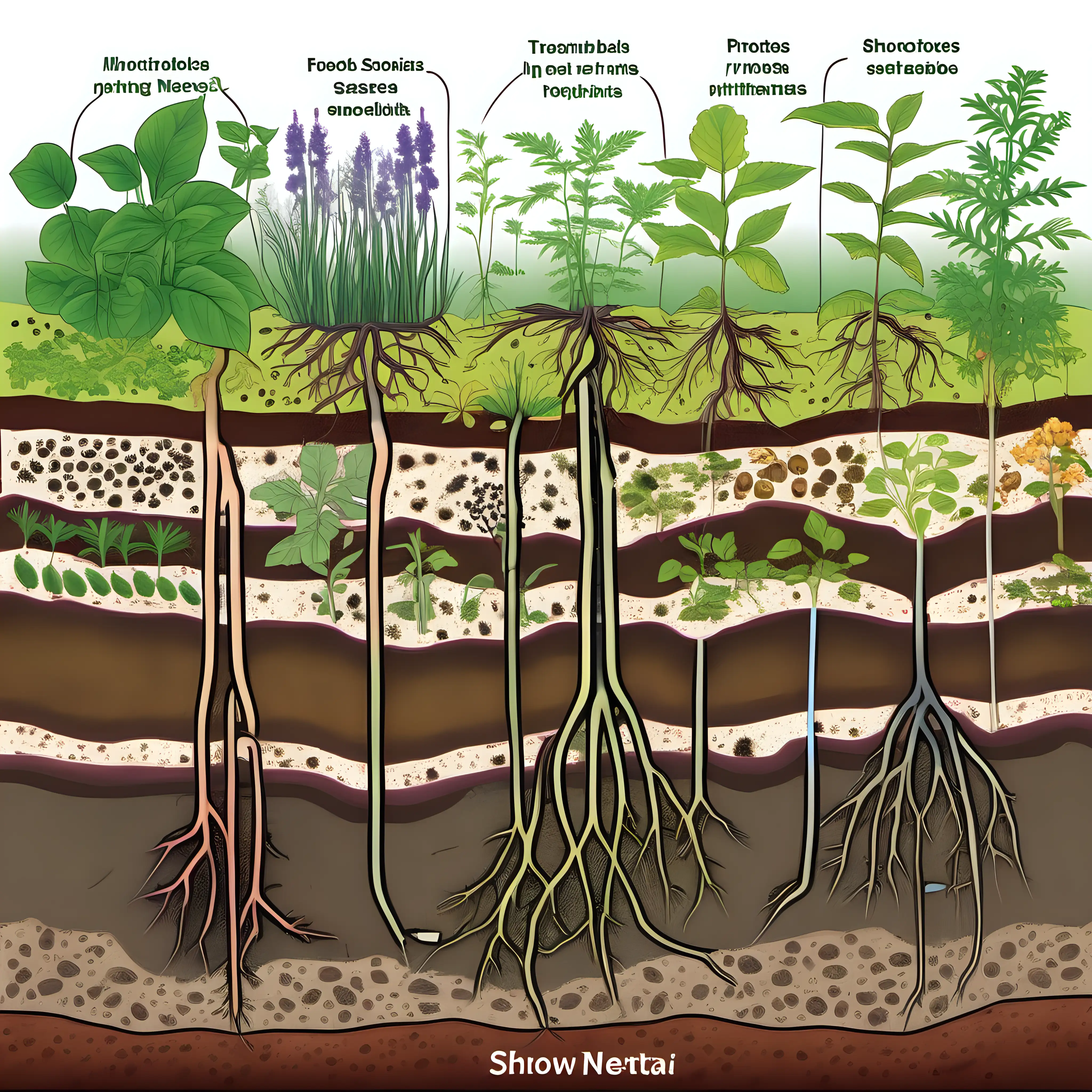  microbes under the soil  showing the soil food web divide into two with plants above.  show the roots.  show the herbs above in a full garden.  show the microbes below the protozoa including fungi, nematodes, aemobeas and bacteria  no words
