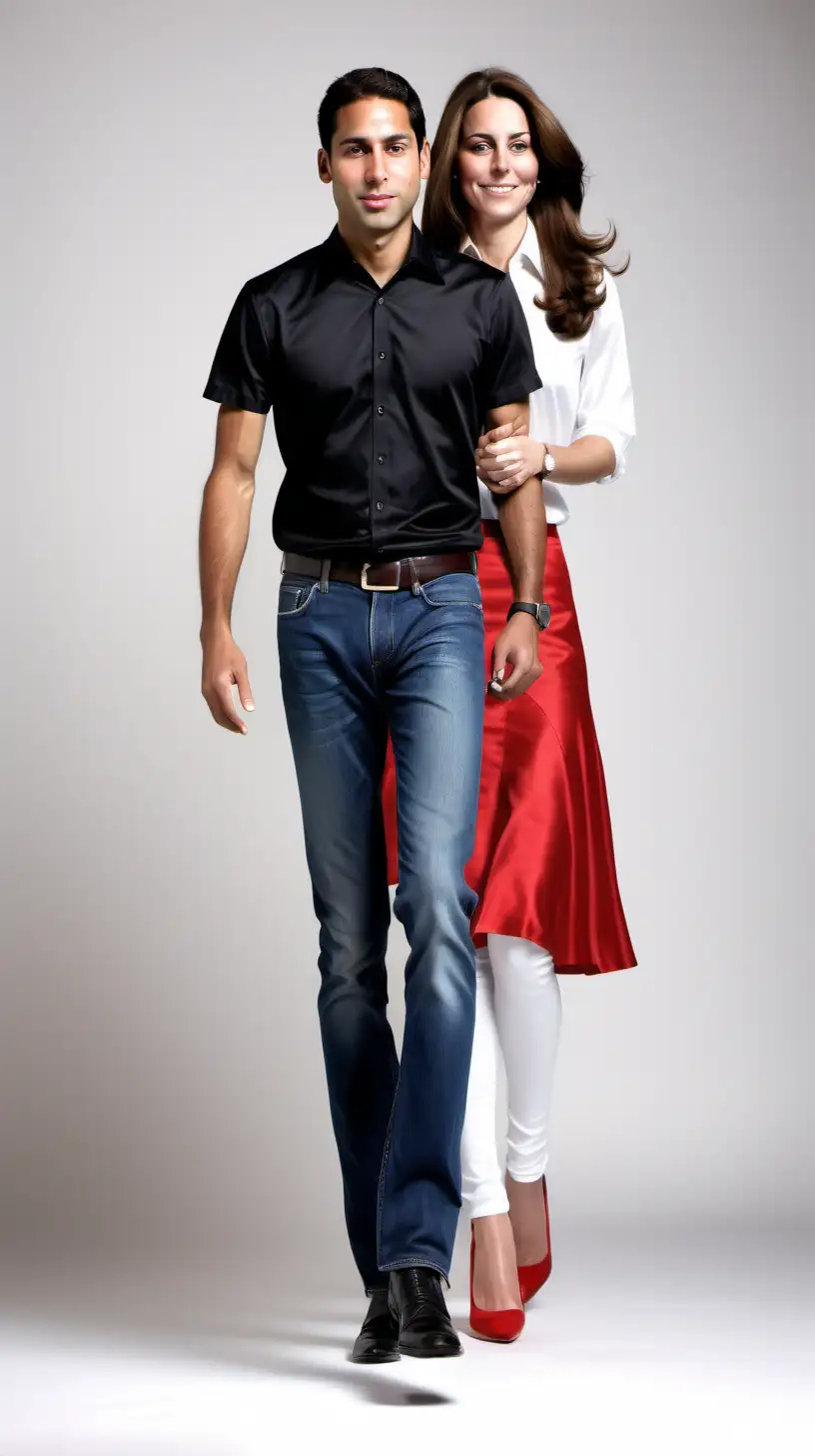 young andean indian man, black cotton t-shirt and jeans walks and holds hands with Kate Middleton, pearly white stretch silky satin shirt blouse and red skirt and white pumps, in brightly white background