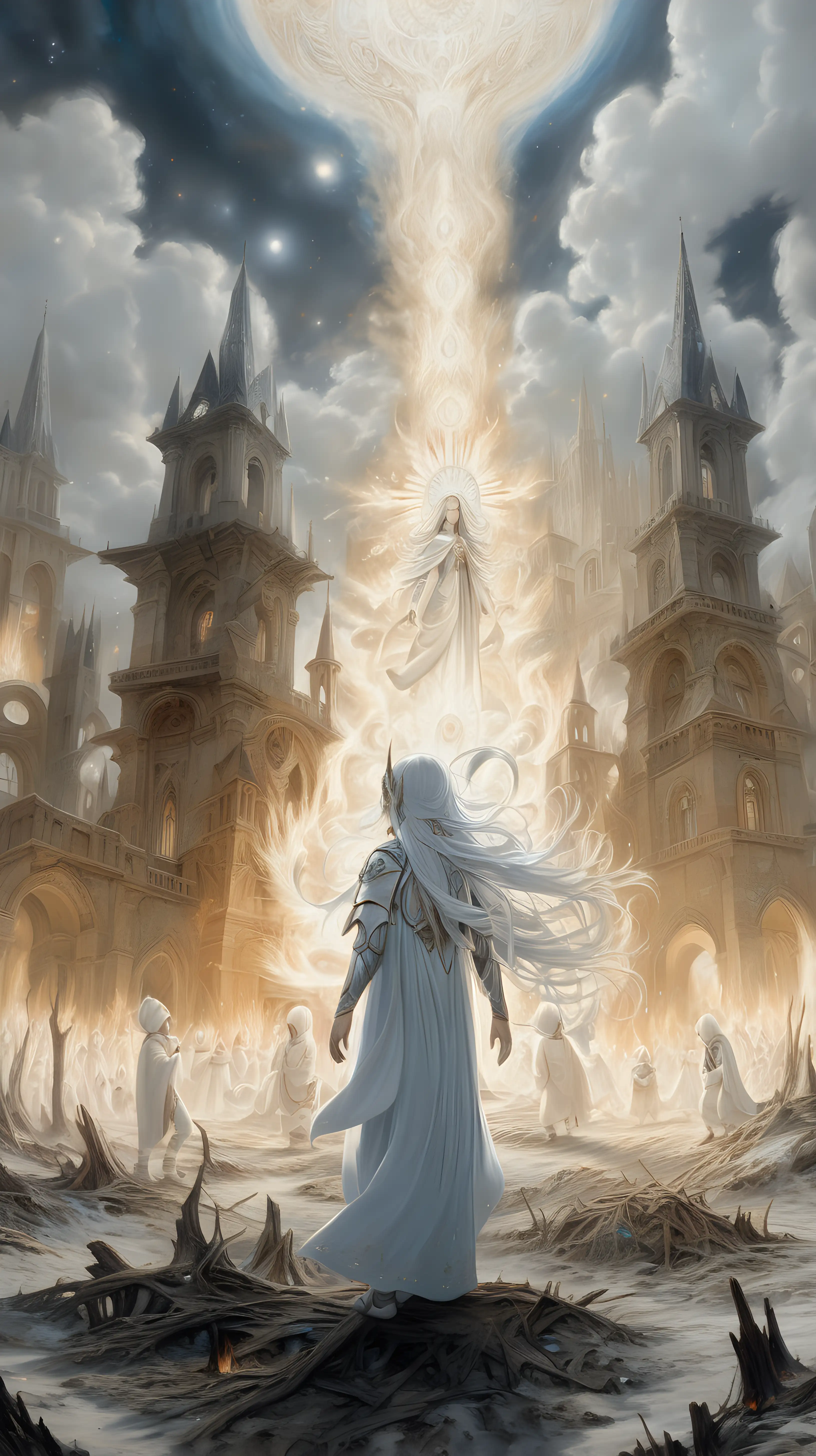 Celestial being, standing in the middle of a burned village, surrounded by white aberrations of spirits, 