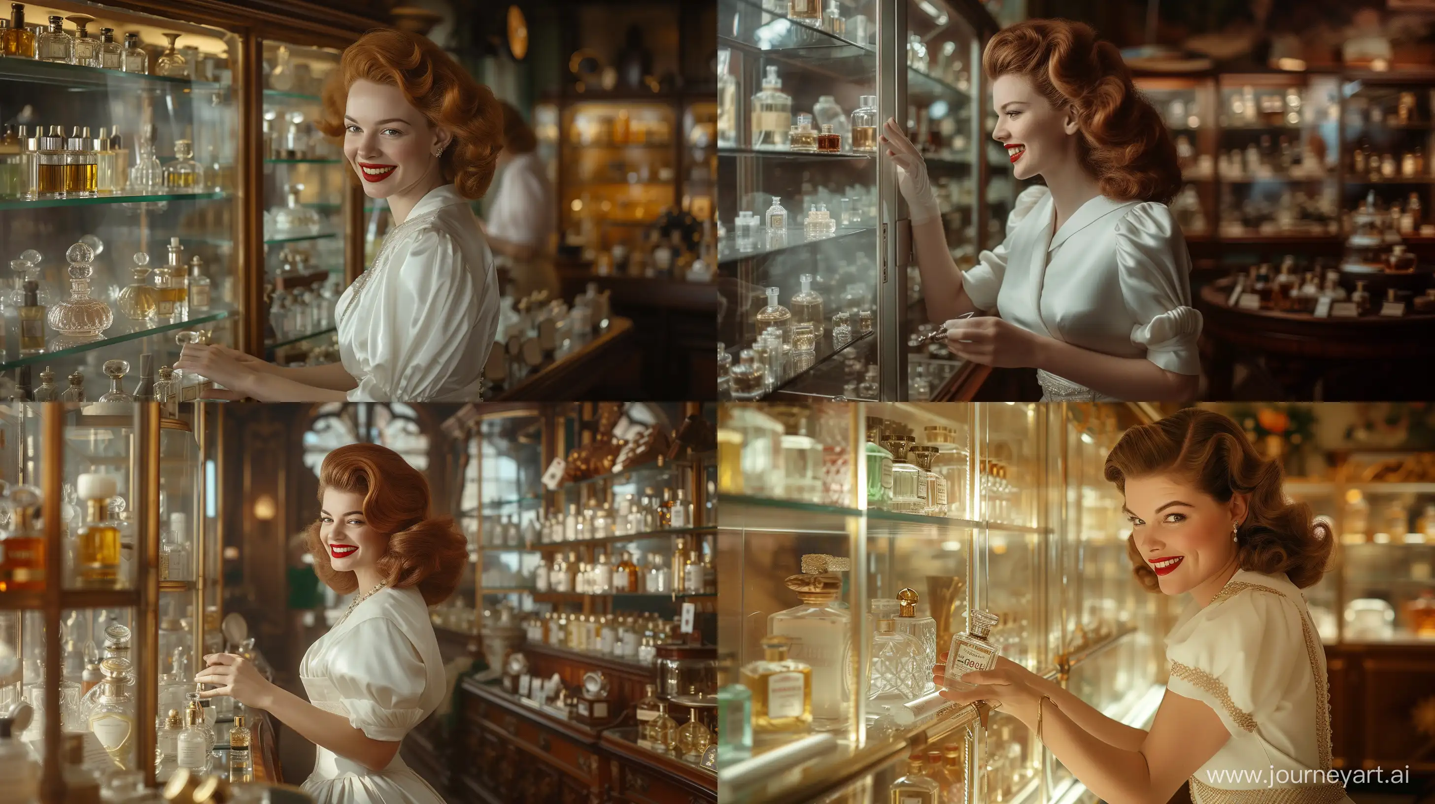  Rita Hayworth immersed in a vintage perfumery, exploring glass vitrines showcasing exquisite fragrances, her smile reflecting a sense of nostalgia, wearing a pristine white Vogue dress from the 50s, detailed retro setting with classic 50s hair and clothes, Photography, shot with a Canon EOS 5D Mark IV, 50mm f/1.8 lens, capturing the essence of the era, --ar 16:9
