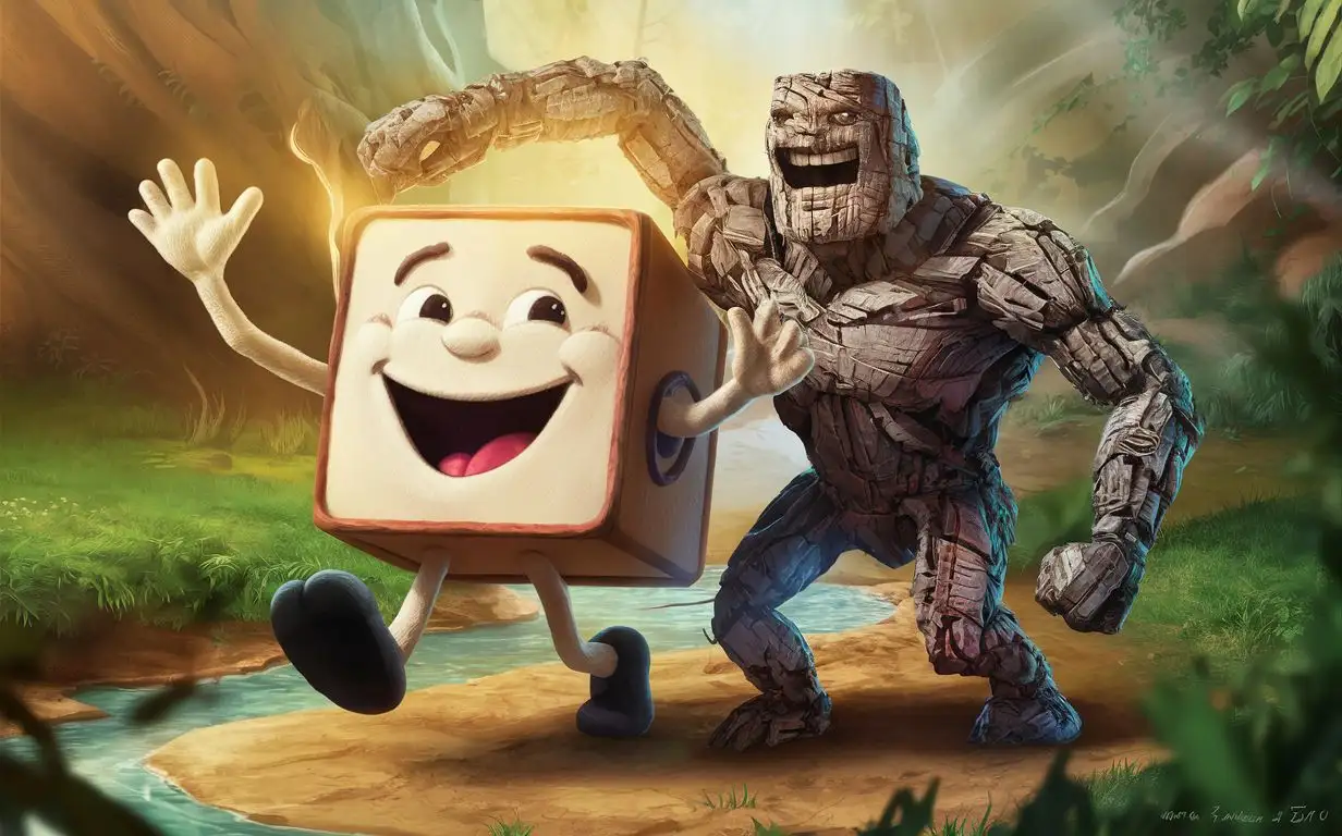 A joyful Cube, a hero made of ash, similar to a man with arms and legs