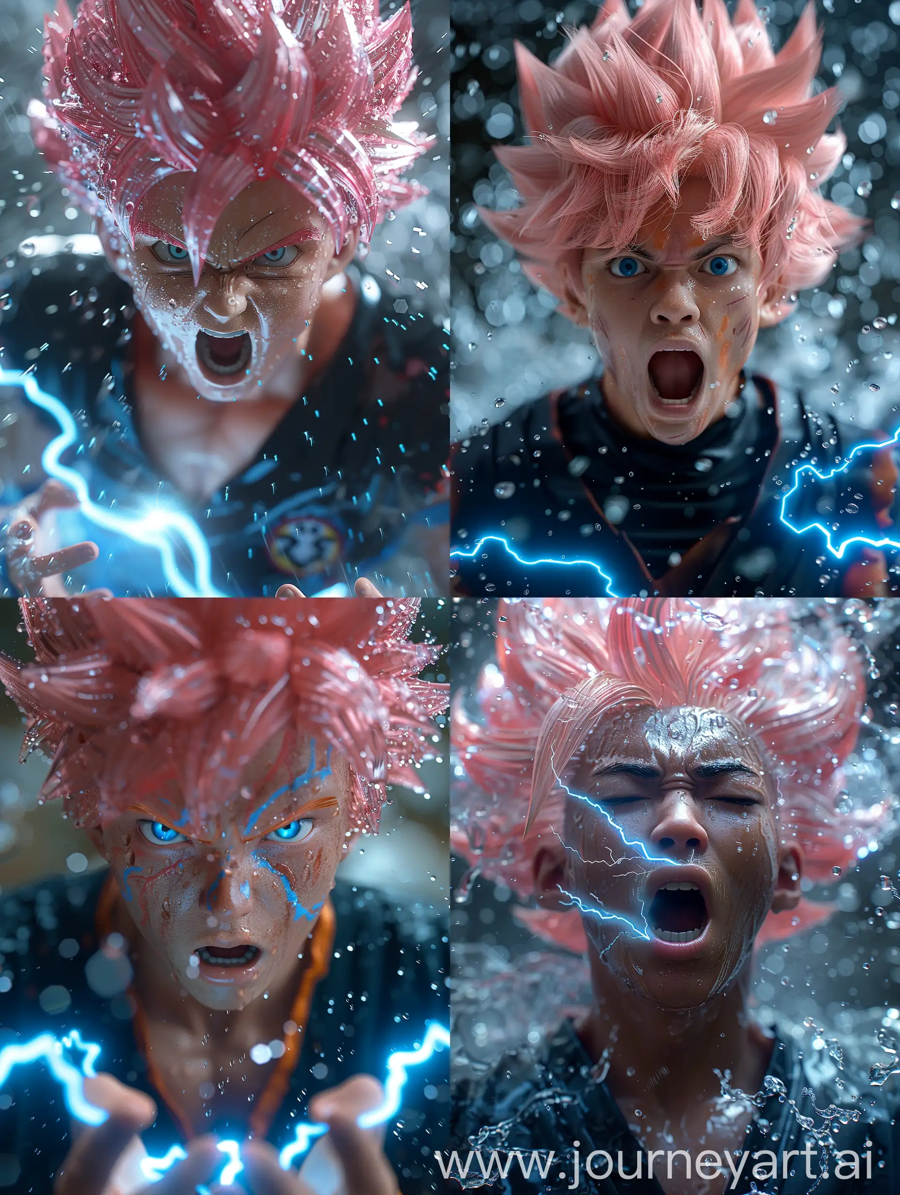 Close up portrait of real person as Goku black super saiyan rose with rose hair and black outfit in unleashing kamehameha elastic blue energy from his hands, by Rudy Siswanto, daylight, fully defined facial features of Goku black super saiyan rose, black outfit, mouth open, neon aura, blue neon lightnings and thunders, clouds tearing apart, ground shattering, ethereal portraiture, tonalist, color scheme, pensive stillness, dark aquamarine and red, rainy night, ray tracing, high reflection, dramatic lighting, intricate details, photo realism, hyperrealism, hyperrealistic photorealistic, 85-mm-lens crispy detail 8k UHD HDR, high key lighting
--ar 4:5 --v 6.0 --style raw --stylize 1000