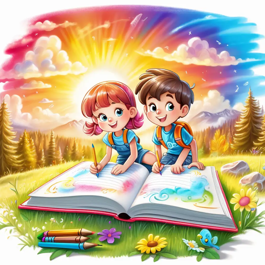 two cartoon little  kids a boy and a girl looking very happy in an amazing sunny day writting and painting on an very big book in a very colorful nature place with colorful clouds behind