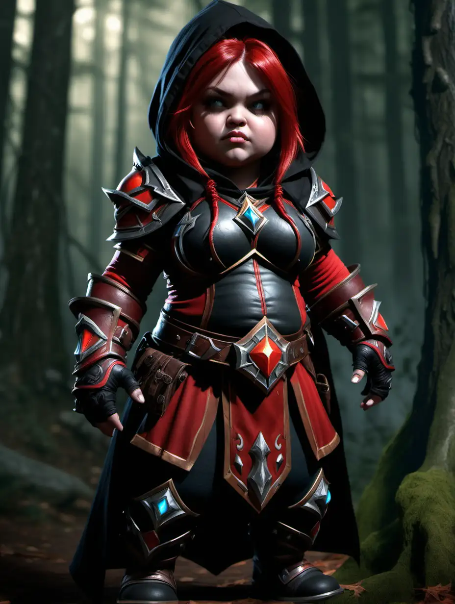 Creating a photorealistic depiction of a little fat girl from World of Warcraft, with red hair, red and black leather armor, a black hood and a forest background in southern cinematic lighting, in a full body compositing at 8K resolution and an aspect ratio of 9:16 would require the skills of a talented digital artist or designer to make this vision a reality. Make sure the artist pays close attention to detail to achieve a realistic depiction.