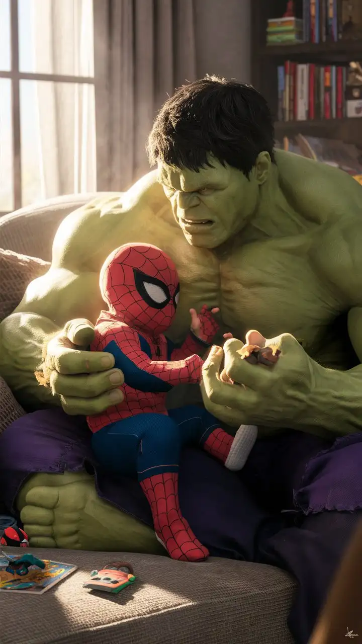 Adult Hulk happily playing with Baby spiderman on a couch. Daytime . Realistic 