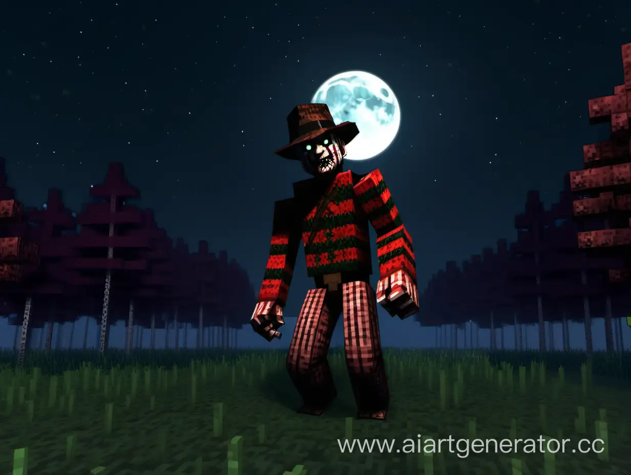 Realistic Freddy Krueger in a field near the forest under the moon in minecraft