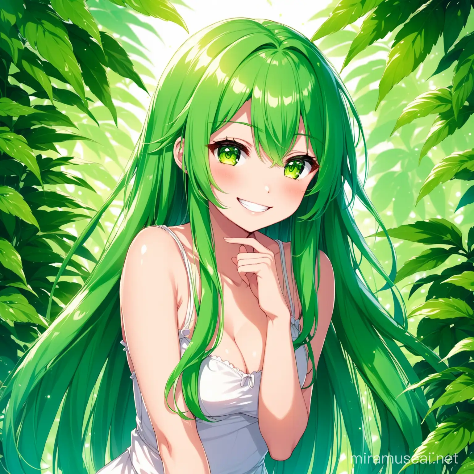 anime girl, green long hair, with green plants background, naughty smile, flirty