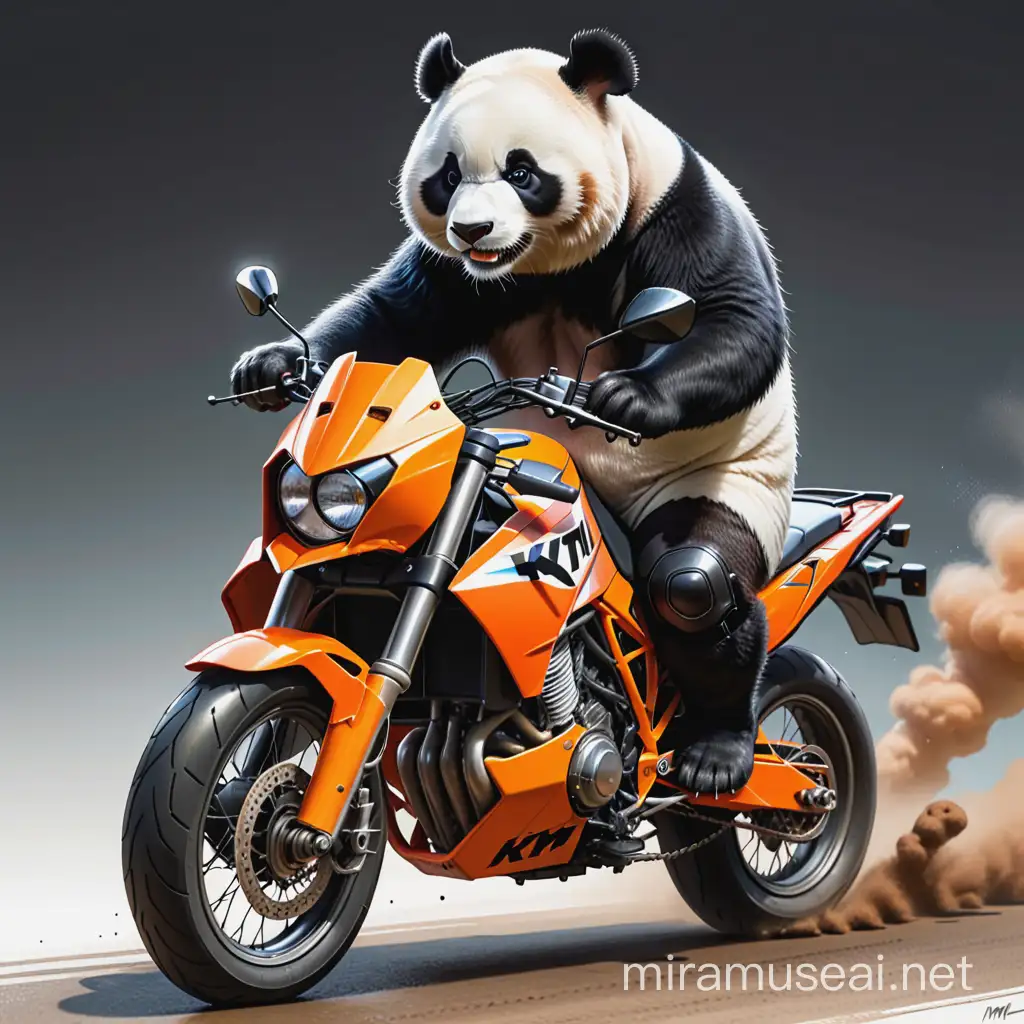 брутальная панда едет на мотоцикле KTM. Рисунок. Высокая детализация
