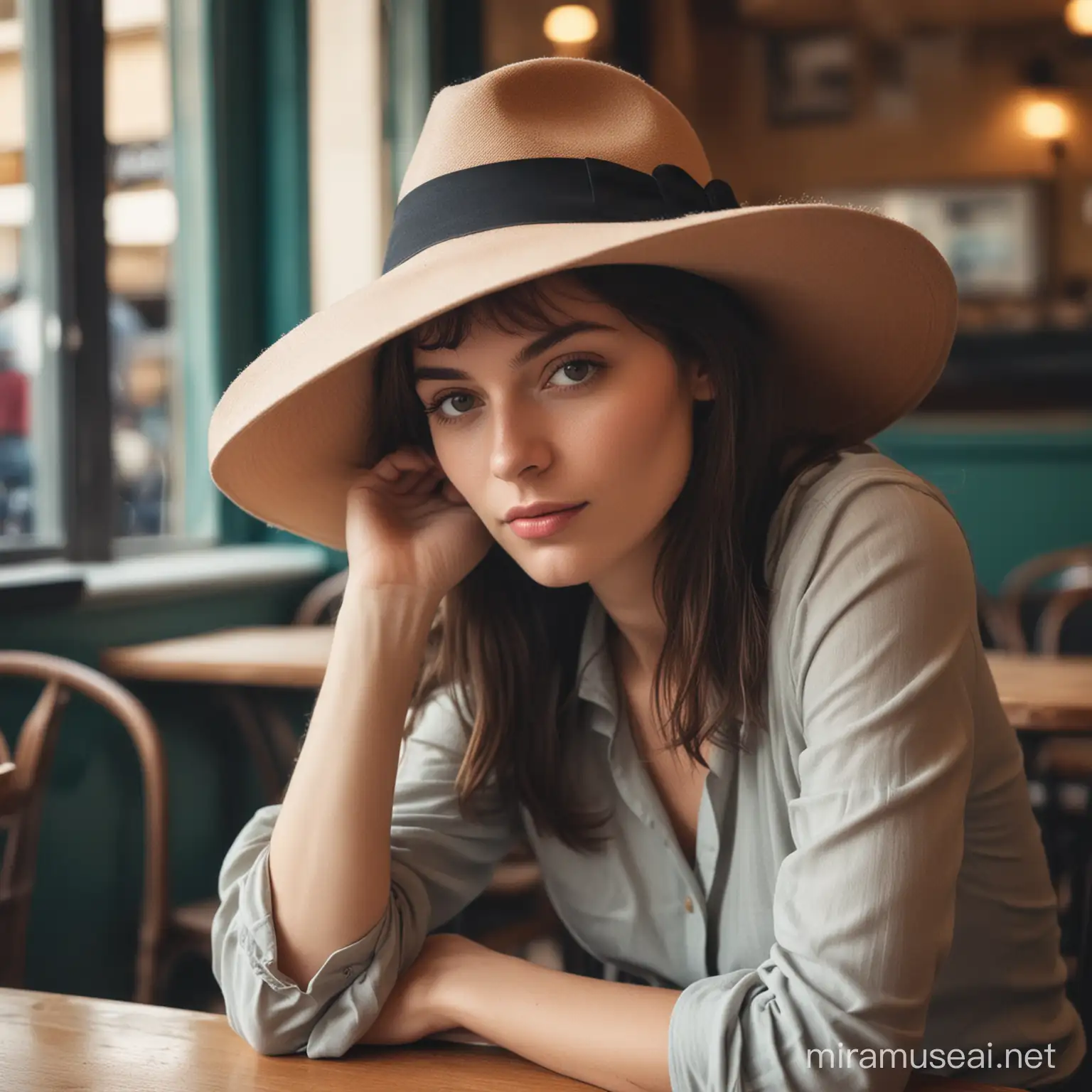 color image of a mysterious woman wearing a hat, sitting inside a French café