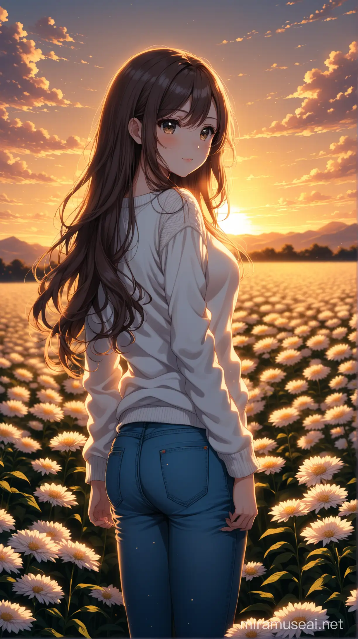 AMERICAN MANGA STYLE X ANIME GIRL ,3/4 quarter pose depicted a young woman with long wavy hair wearing white sweater and jeans,standing in a flower field during sunset with overcast cloud backdrop,back light,low key light,intricate detail,sharp focus__Niji SE__9:16