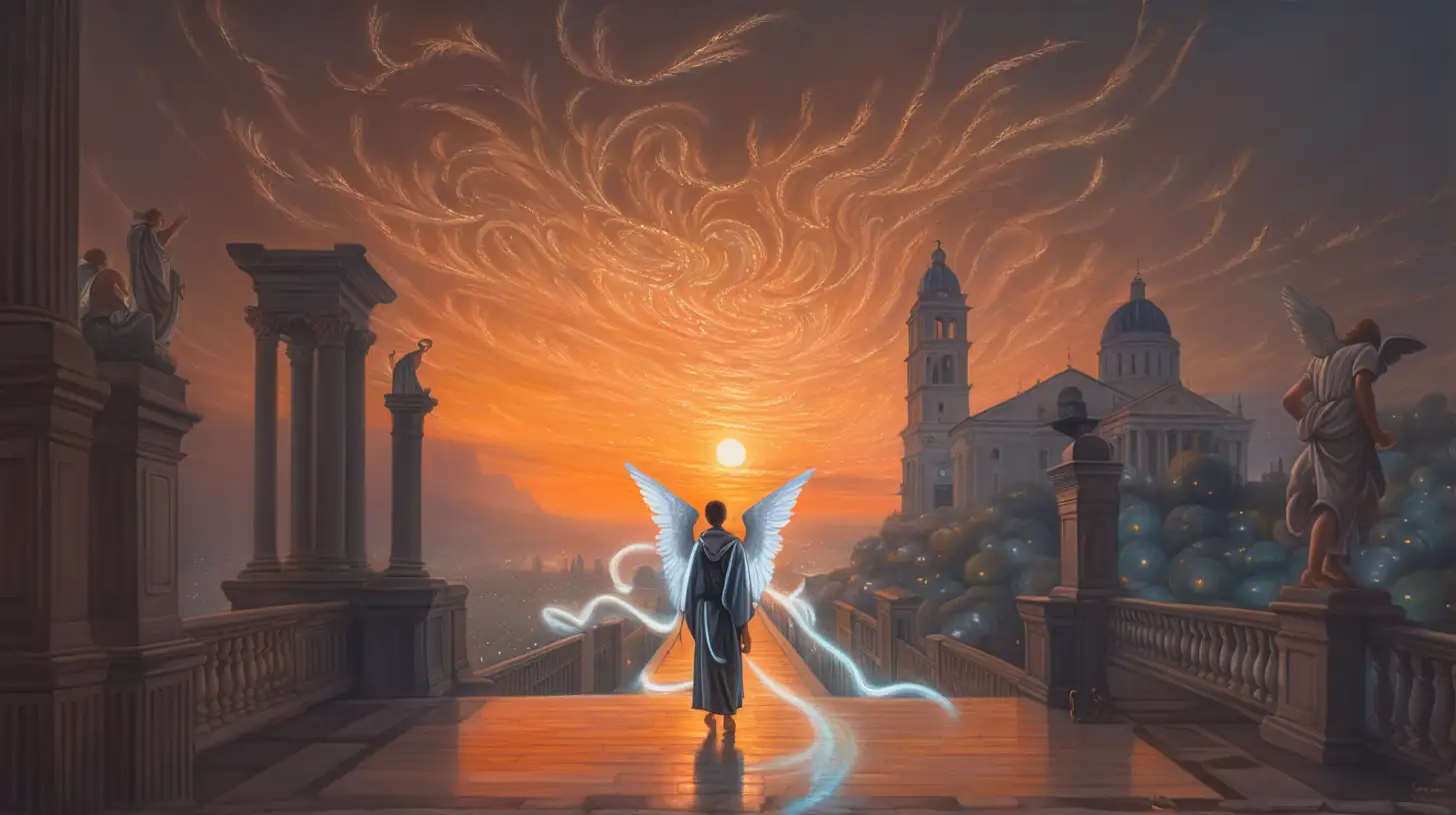  light painting, Sunsets, art by annibale carracci, scroll painting, Sci-Fi dream world, dark fantasy,  by atey ghailan, city, angel