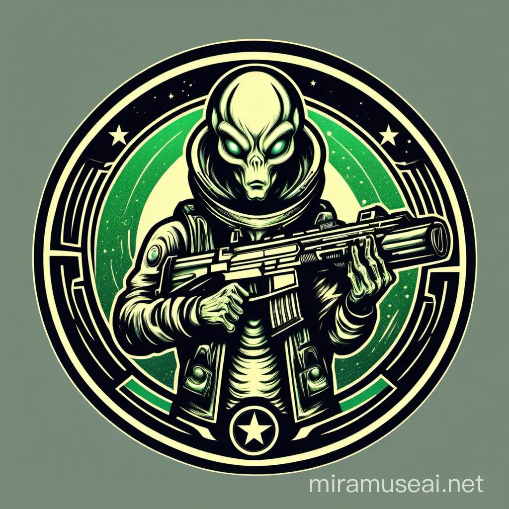 create a circular emblem consisting of an alien with a handgun