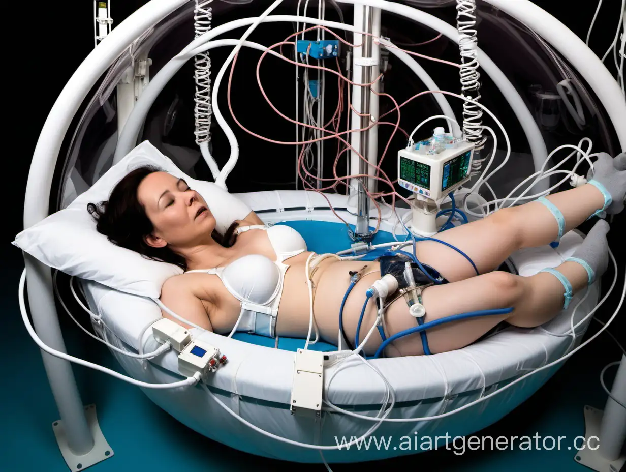 A woman lies suspended in a stasis chamber. She is wearing an underwire bra that connects her to many sensors and wires to monitor her vital signs. Large tubes and hoses are affixed to her diaper and connected to the exterior.