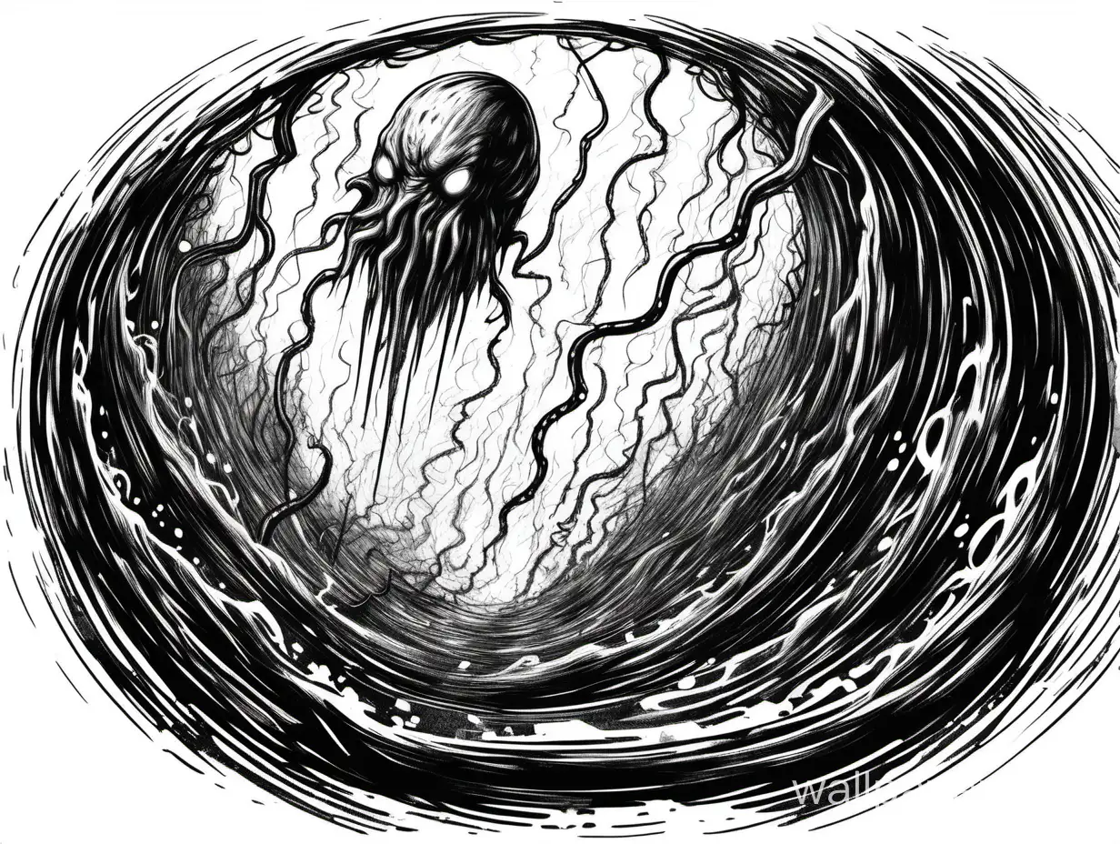 lightning dark tentacles, hipperdetailed hatching, circular dripping, asymmetrical, sketch black drawing, horror, water texture, black lines, hatch explosive, hatch chaotic, white background