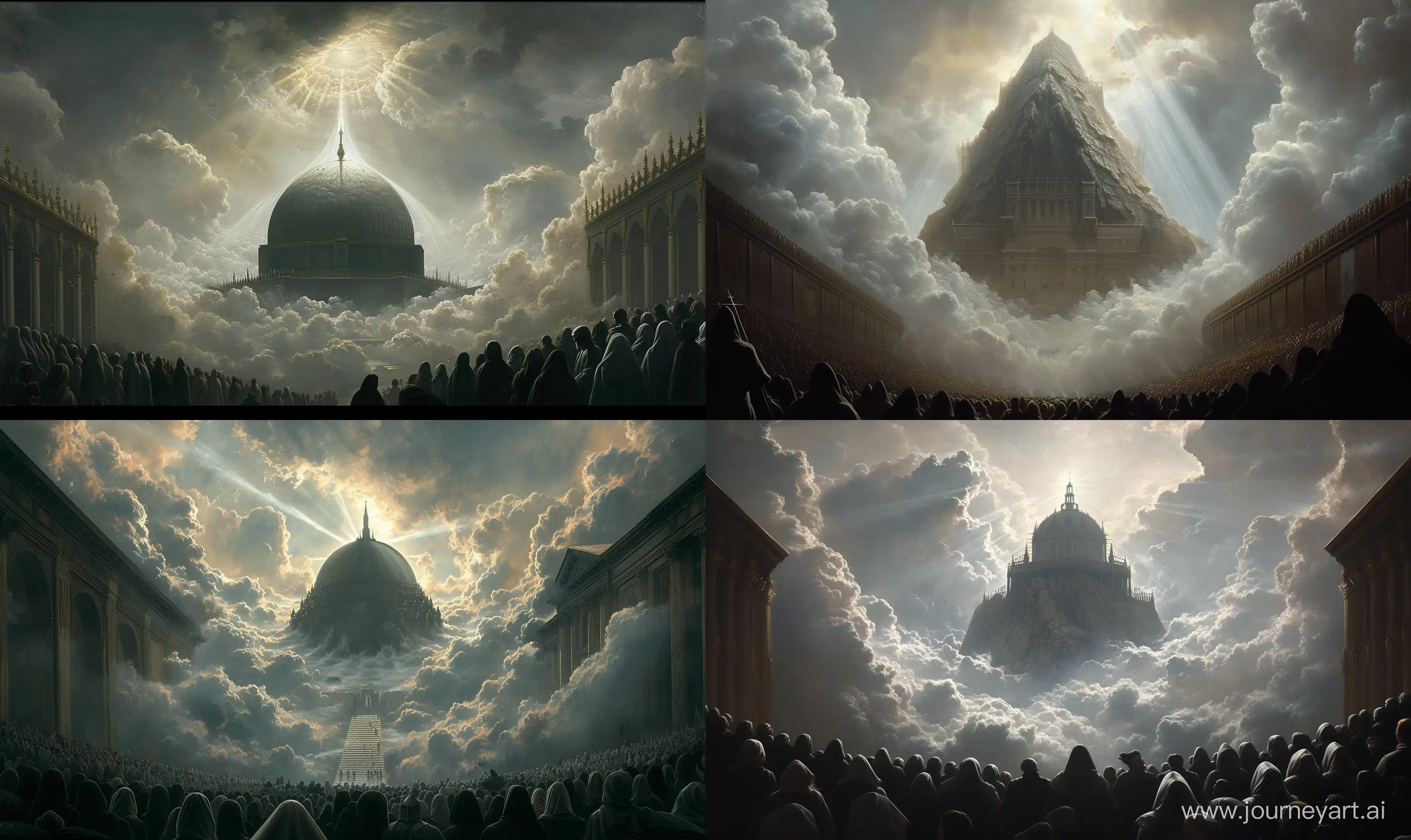 jmedieval Renaissance painting, depicting the perfect 'Dome of the rock' rising emerging among clouds, three sided, equal proportioned and straight edges, medieval era, few sun rays coming out from the cloudy sky and striking finial of the dome, dark grey weather, many pilgrims watching it from inside of a large hall, calm environment --ar 5:3 --v 6