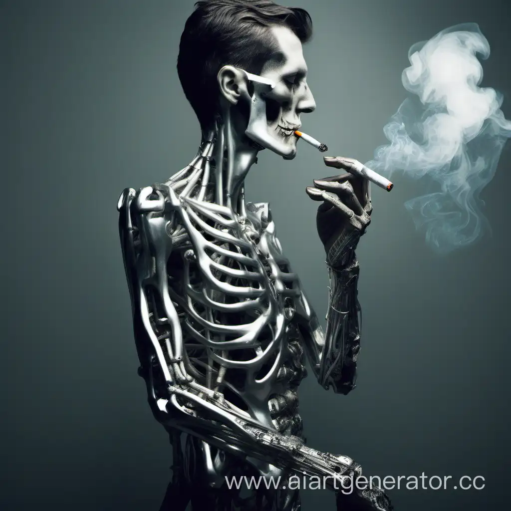 Человек с серебряным имплантом руки курит сигарету