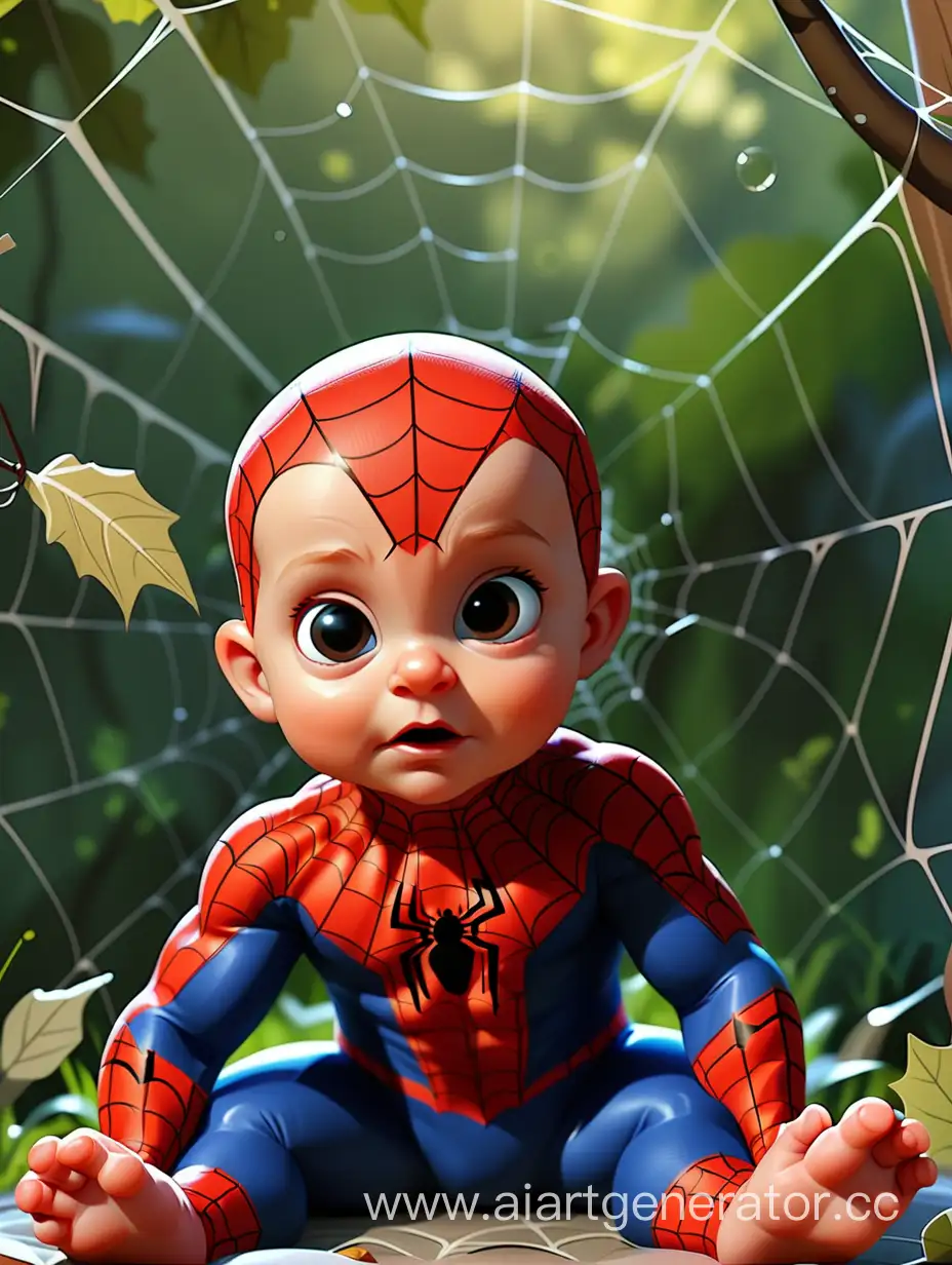 Portrait of a cartoon baby in a spider-man costume, lying in a web, nature background