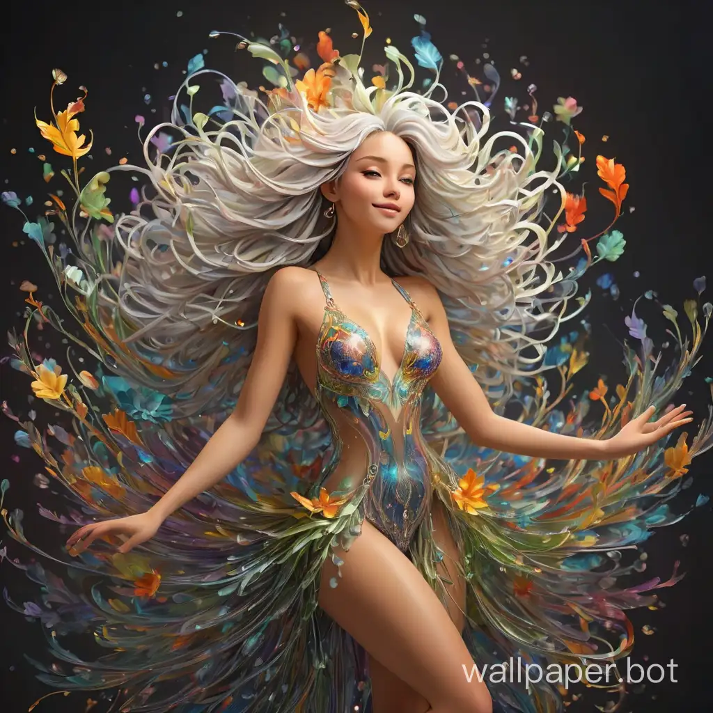 Crystal sculpture of happy young woman, flying, knees-height portrait:1.7,  three breasts, fitness body:1.7, dress made from liquid color glass, splashes and drops, drops on skin, naked, white hair, fantasy, very long huge hair, ultra high detailed, , (body is made from multi-coloured shimmering plant ornamentation:1.6)   , shimmering neon floral pattern on skin,   (dark complex textured background, mystical glow). Surrealism, fantasy with elements of modernism. Plateresco, Rococo, Art Nouveau. dissolving abstract patterns. Shapes and lines inspired by Brandon Wölfel, Alfonso Mucha, Alaina Lemmer.