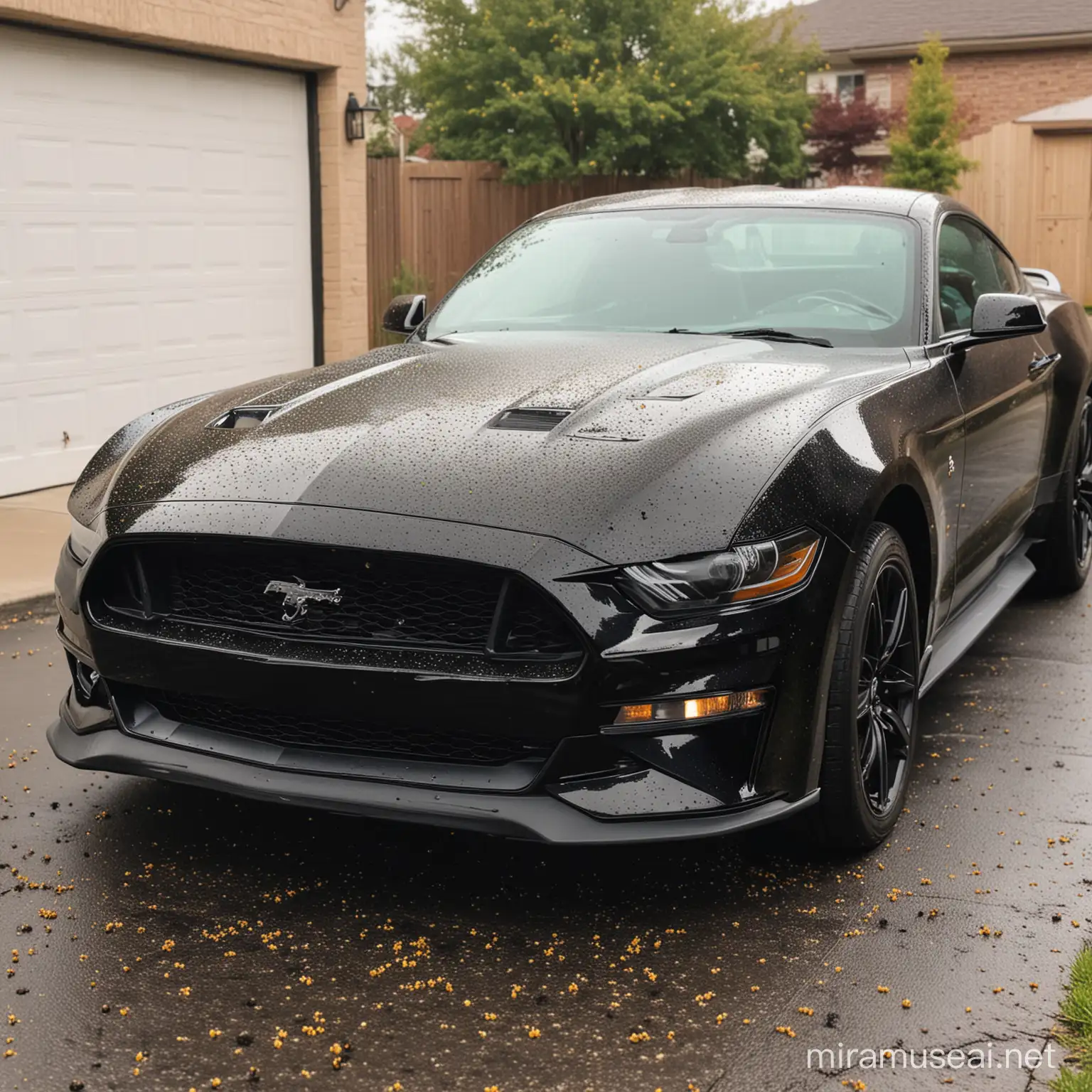 show a close up of a black ford mustang car outside with a lot of pollen on it. showing the entire car in a driveway 