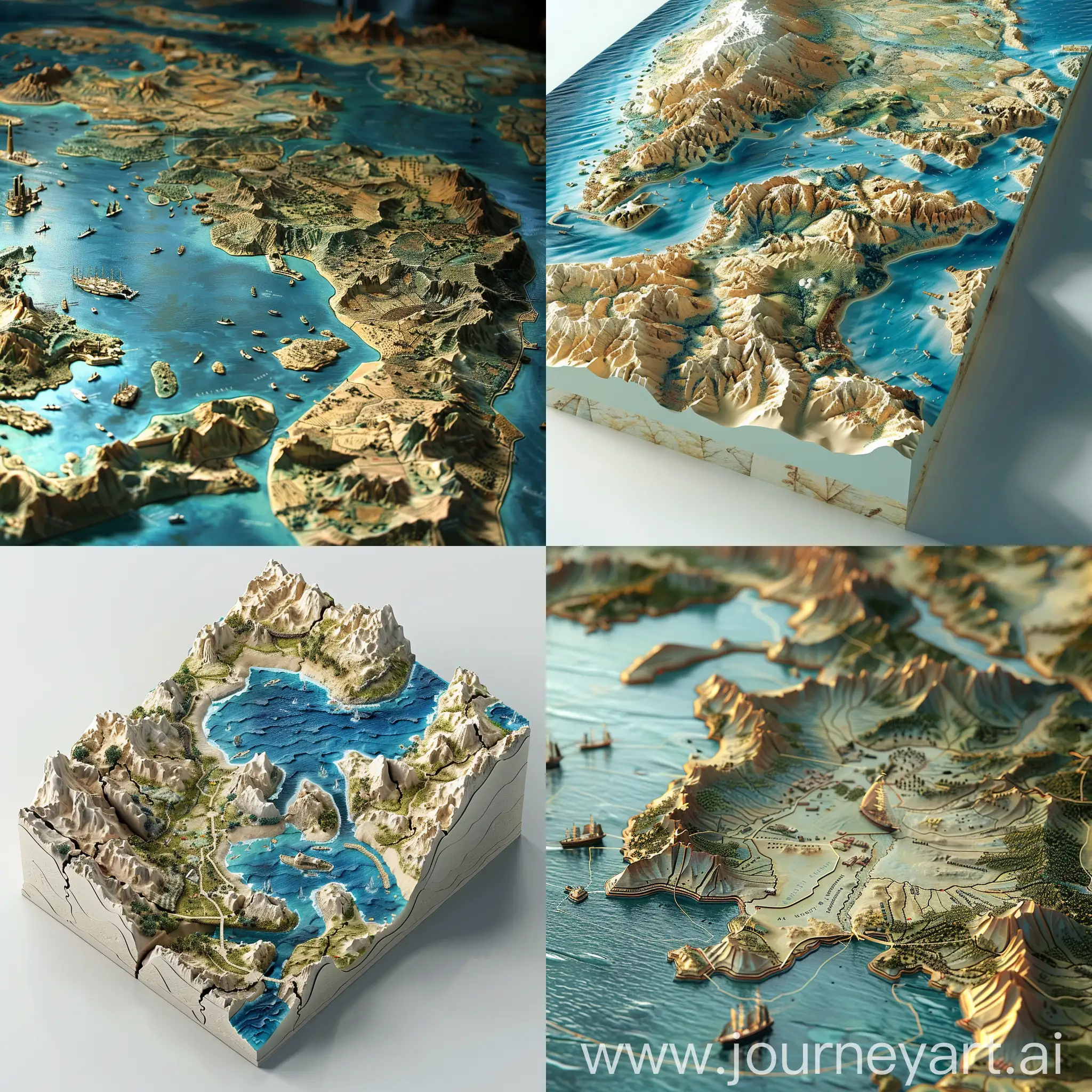 It is a three-dimensional map that shows the sea and the land from above