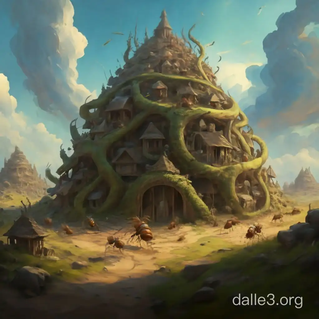 giant anthill the size of a village in a fantasy art style