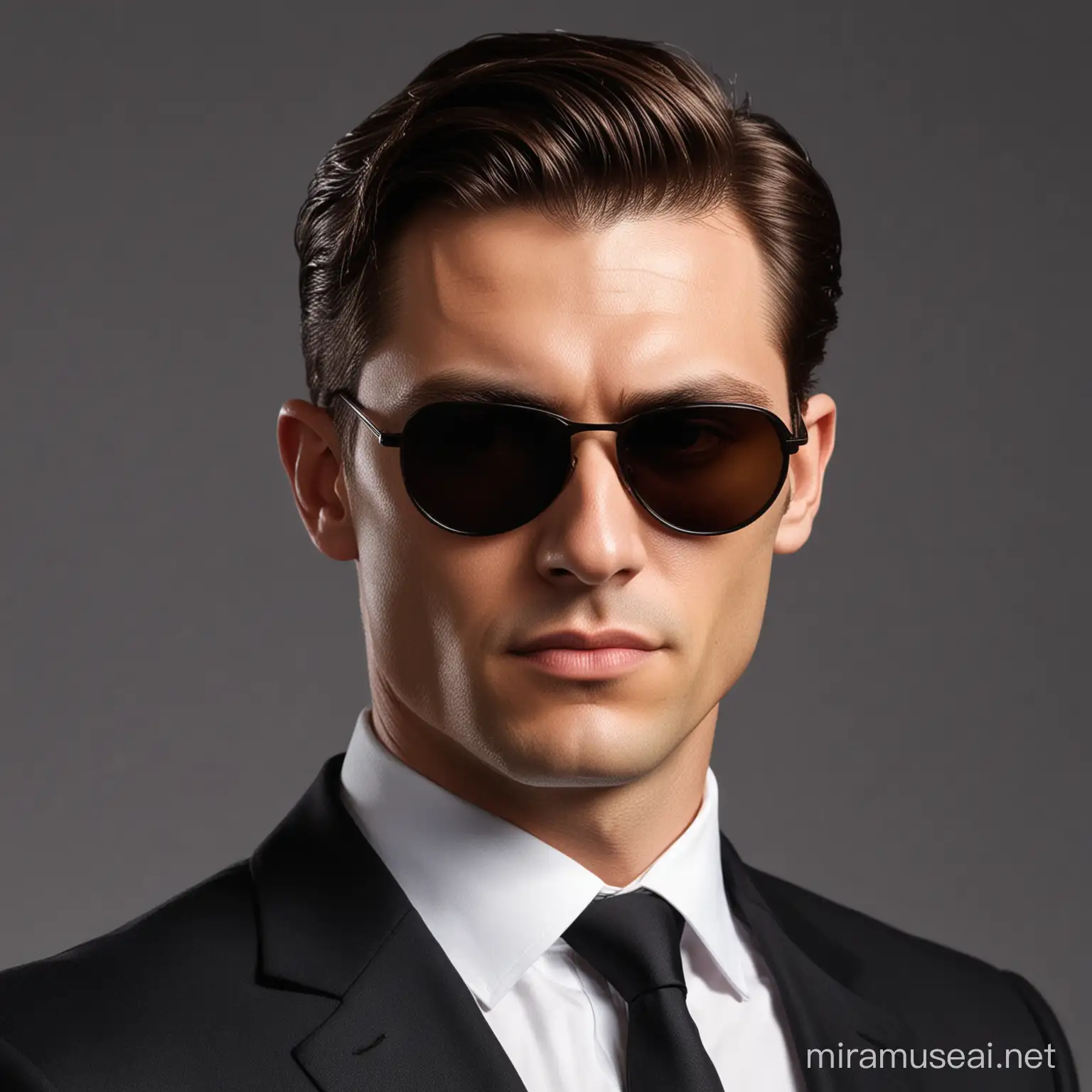 A secret agent with brown greased side parting hair, a black suit, black sunglasses,
portrait