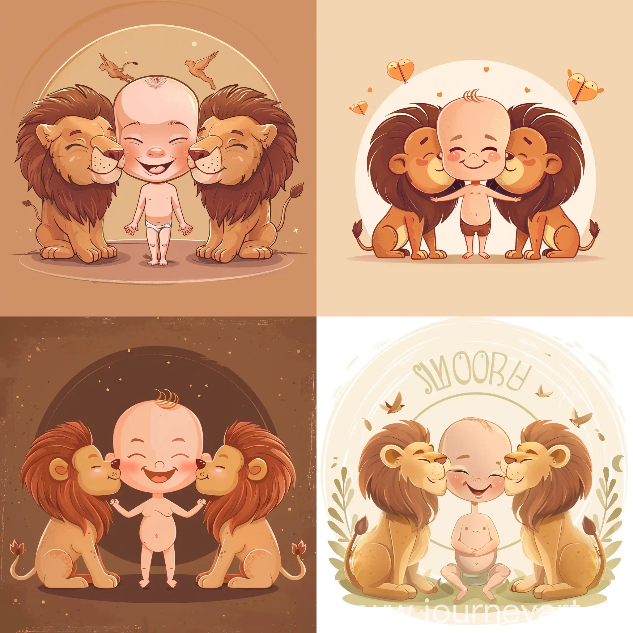 cartoon portrait of a skinny smiling BABY surrounded by two kissing Lions, high quality detailed, in cartoon flat style