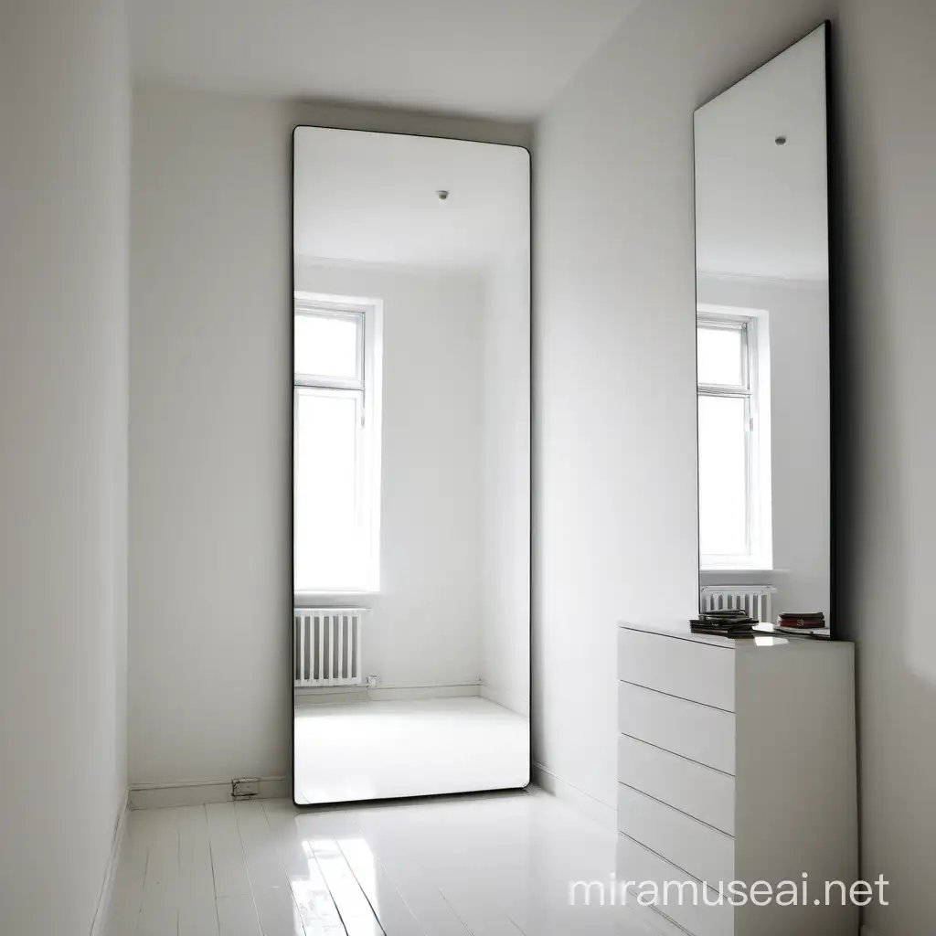 just a small simgle white room with a mirror on de wall from de floor to ceiling