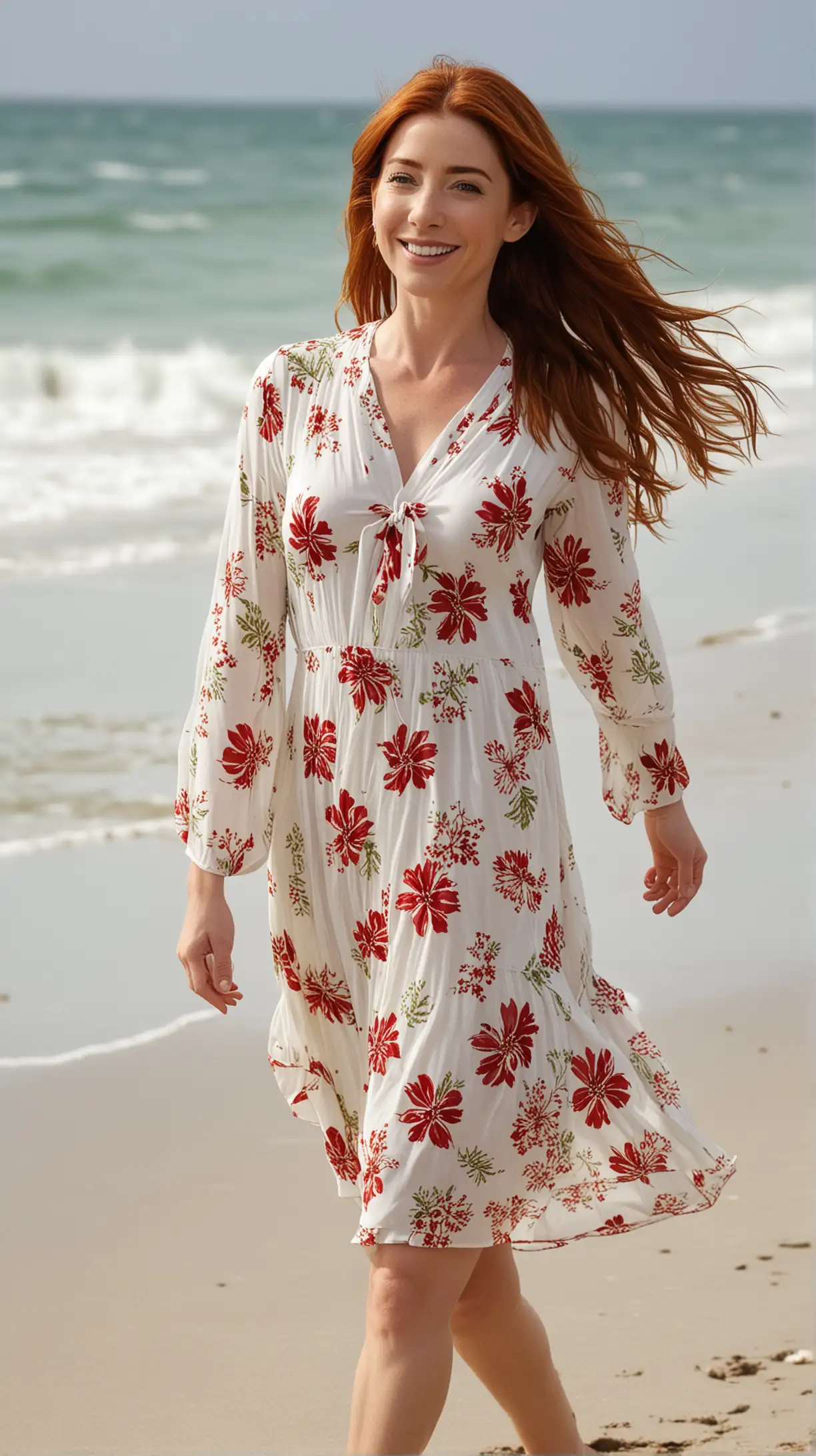 A slim realistic, Alyson hannigan cheveux longs roux clair, regarde amoureusement sourire rafraîchissant wearing a 2 piece white tropical dress with a red flower in her long hair walking at the beach showing a full body shot from the top of his head to his feet