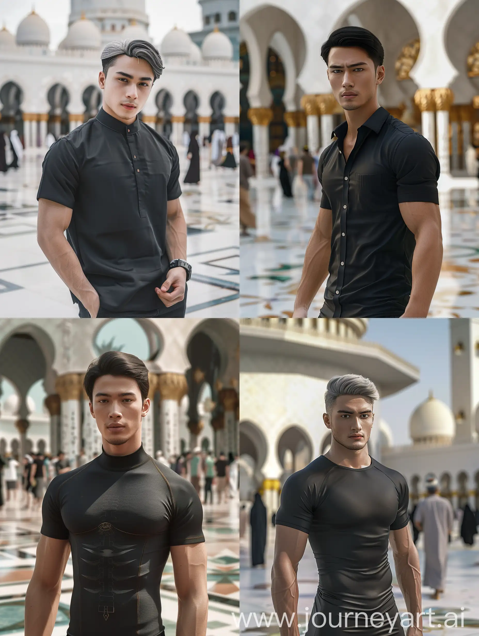 (8K, RAW Photo, Photography, Photorealistic, Realistic, Highest Quality, Intricate Detail), Medium photo of 25 year old Indonesian man, fit, ideal body, oval face, white skin, natural skin, medium hair, wearing a black Muslim hair koko shirt short photo in front of a luxurious mosque later in the day many people were going home at the mosque