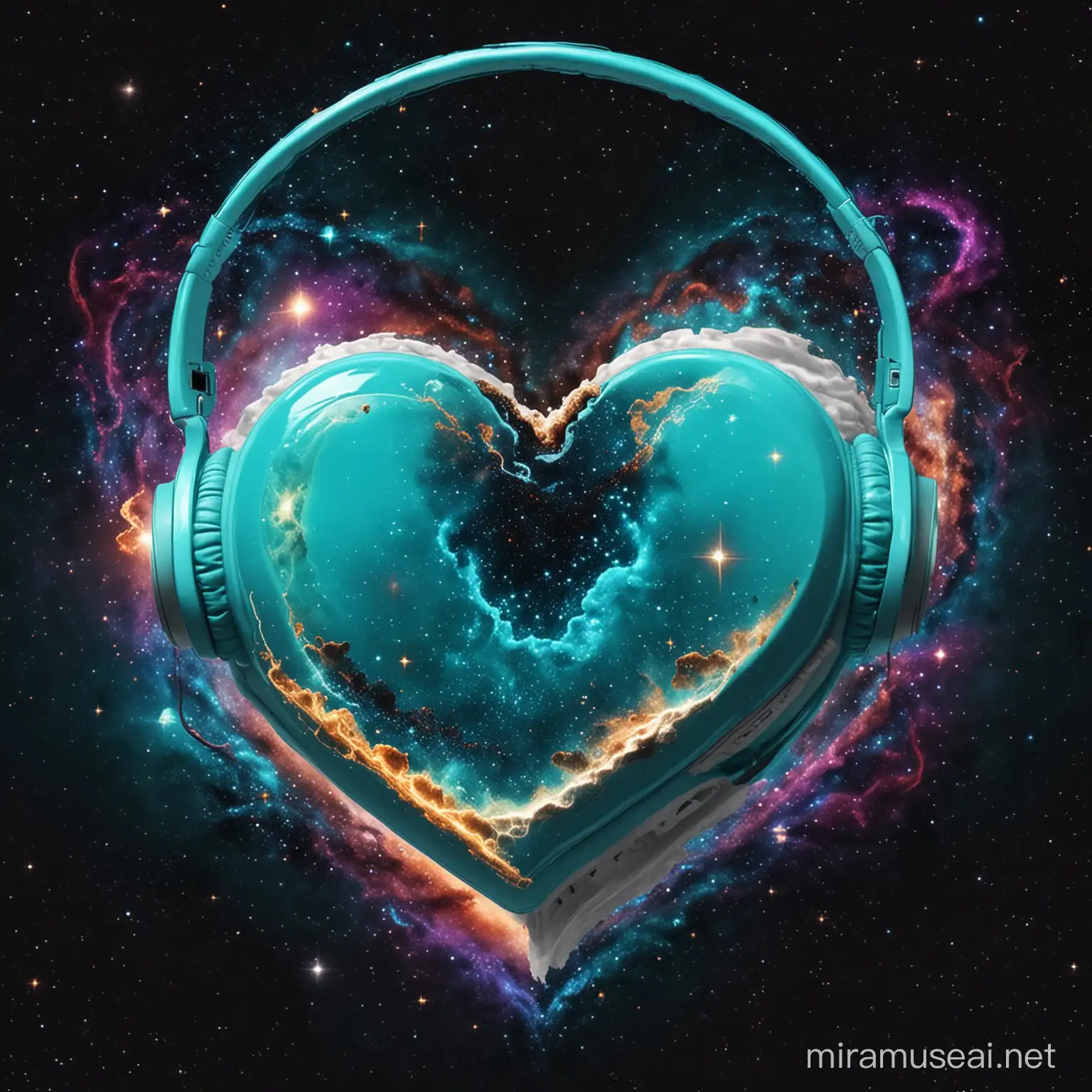 Bright Heart in Space with Turquoise Headphones