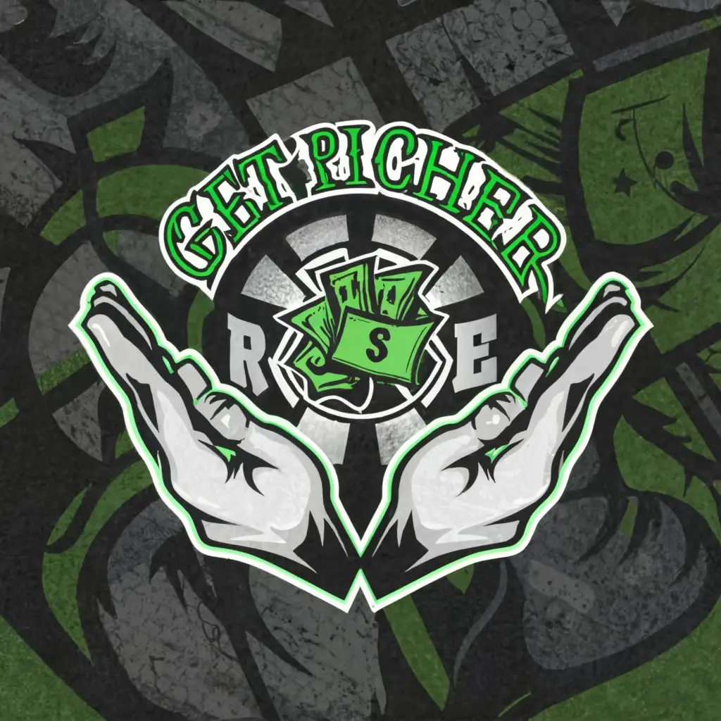 a logo design,with the text "Get Richer", main symbol:money color green, with two hands holding a basketball and a bunch of money,complex,be used in Sports Fitness industry,clear background