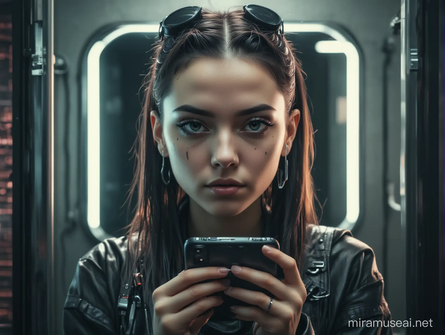One Girr looking in mirror, cyberpunk style, smartphone social media