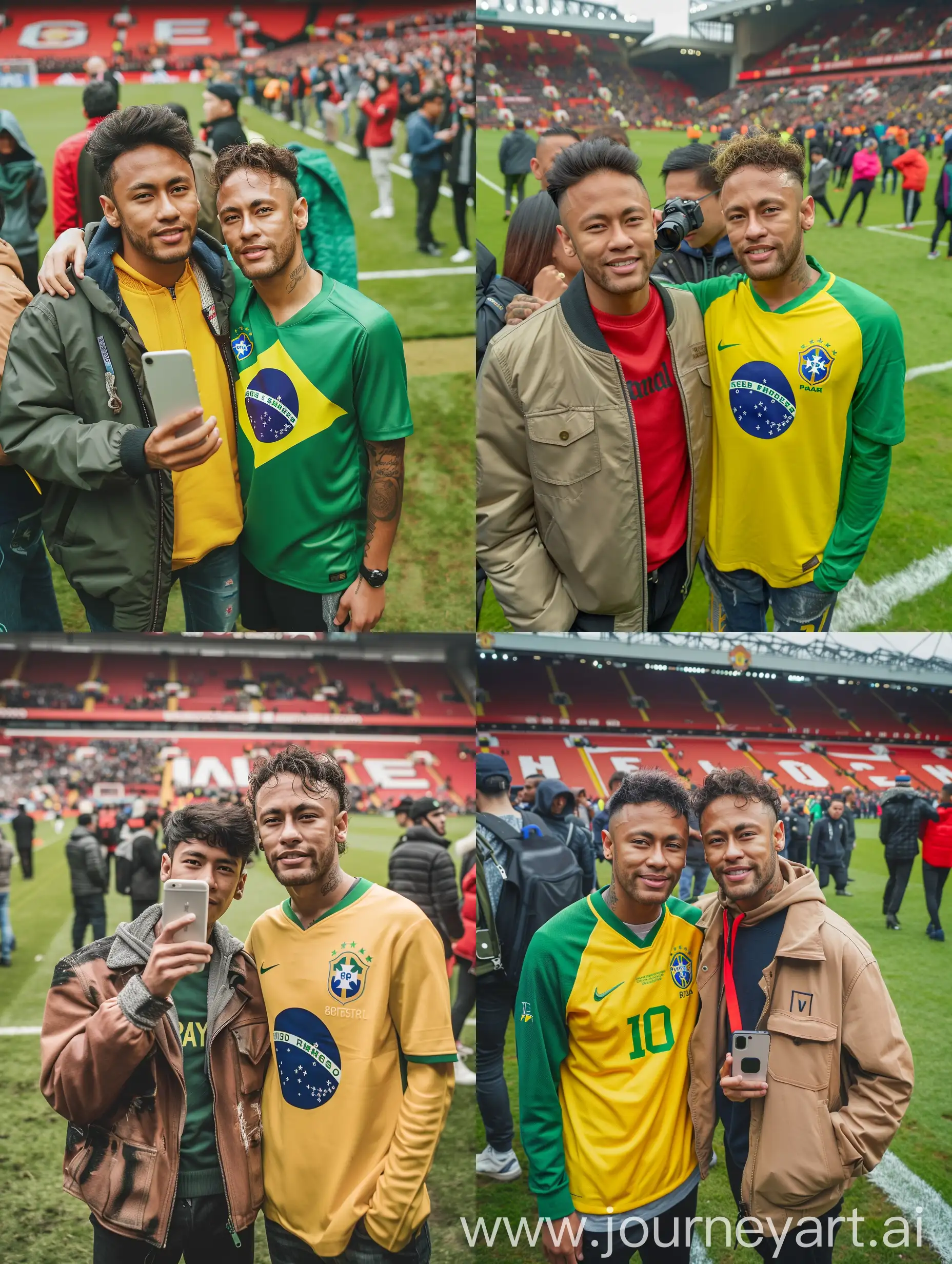 Potrait menghadap depan kekamera Seorang lelaki indonesia berumur 18 tahunbernama iqbal Ramadan mengenakan jaket trucker. Lelaki itu sedang berfoto bersama seorang Neymar jr yang mengenakan jersey brazil.mereka berfoto di atas rumput lapangan stadium old Trafford banyak orang. Kualitas 8K HD. foto asli.