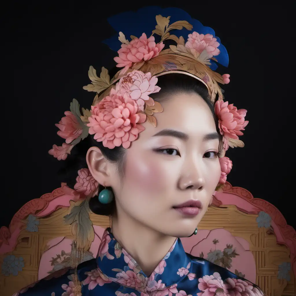 Elegant Asian Woman with Peonies in Chinoiserie Headdress and Vintage Chrysanthemum Earrings on Pink Background