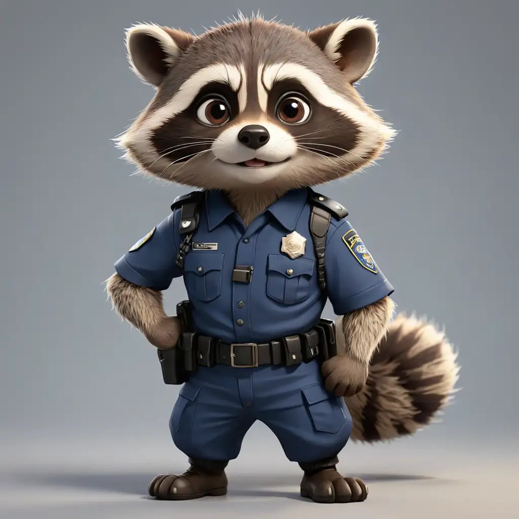 Cartoon Raccoon Police Officer Adorable Full Body Character in Clear Background