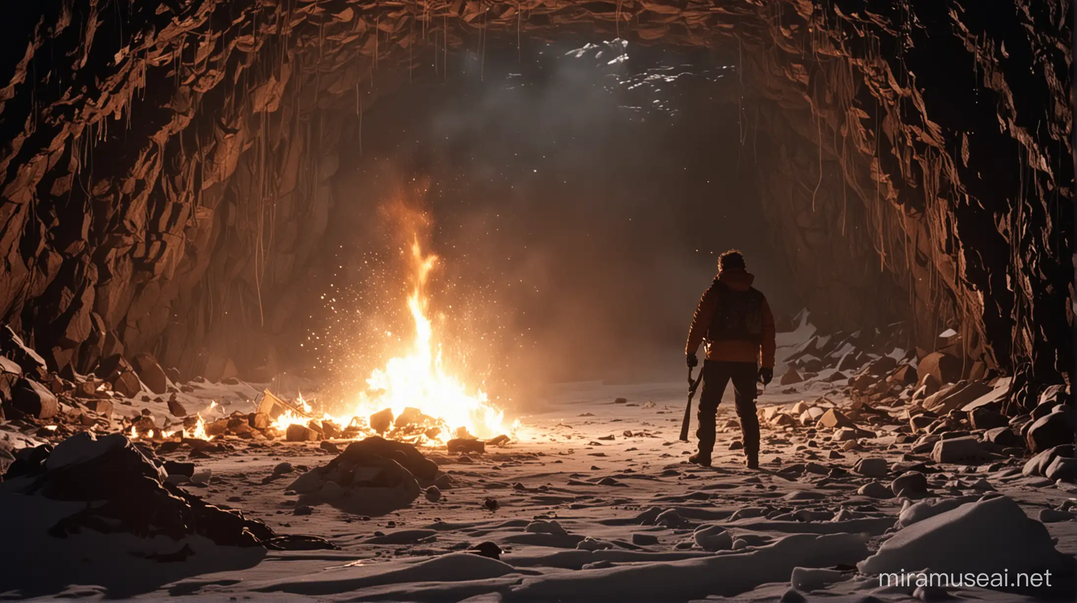 cinematic still, film by john carpenter, the thing, antarctica, dark cavern, kurst russell throwing dynamite, back towards camera, flames, wreckage of machinery