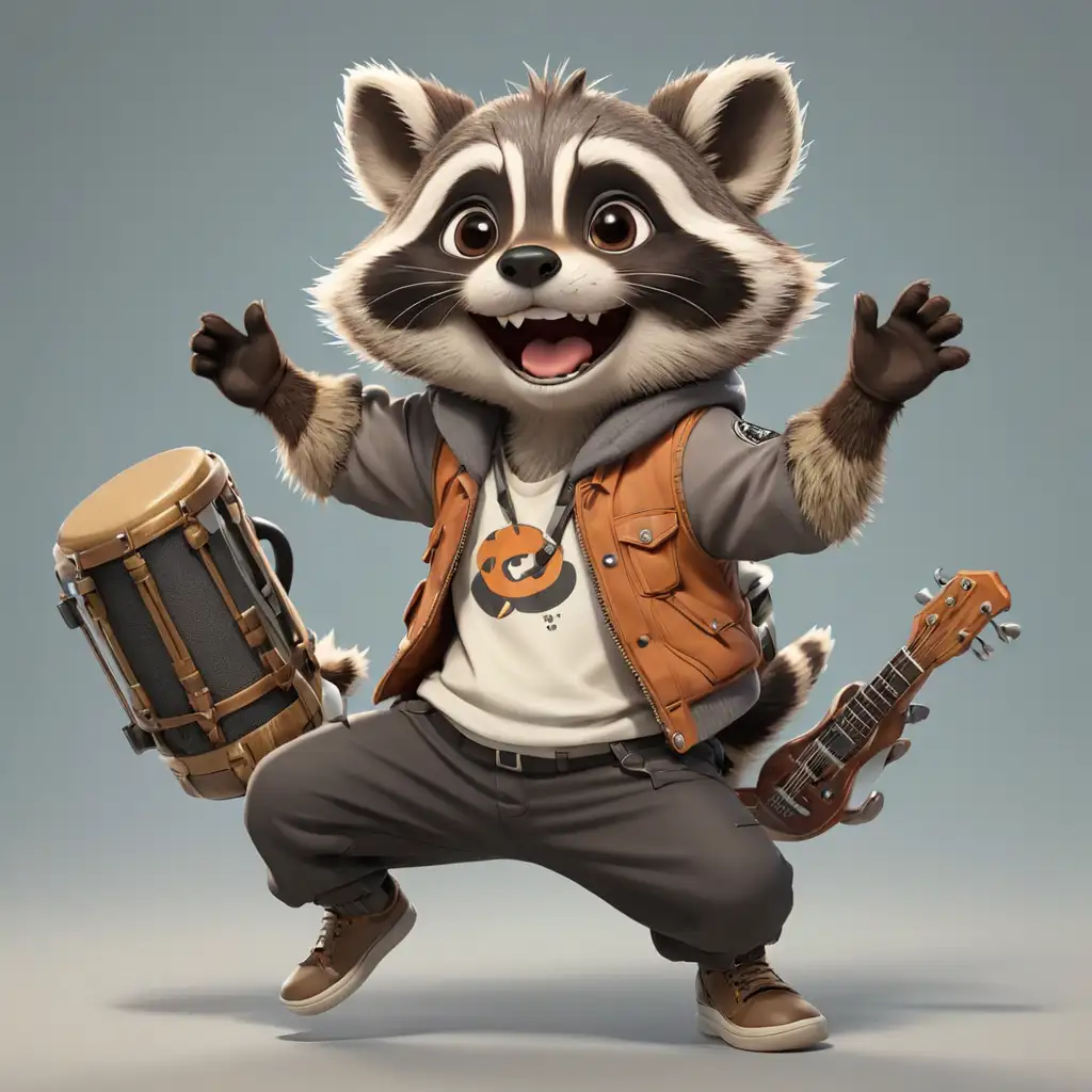 A cute happy jumping raccon in cartoon style, full body, musician clothes, with clear background
