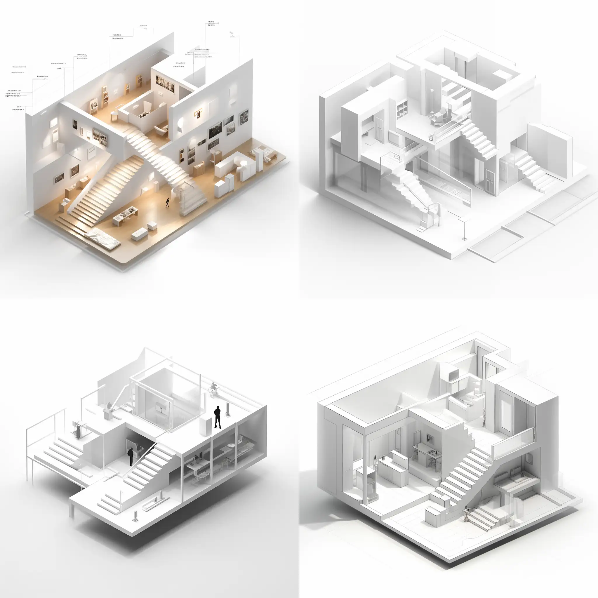 axonometric white minimalistic small art gallery architectural white space concept with highlighted path
