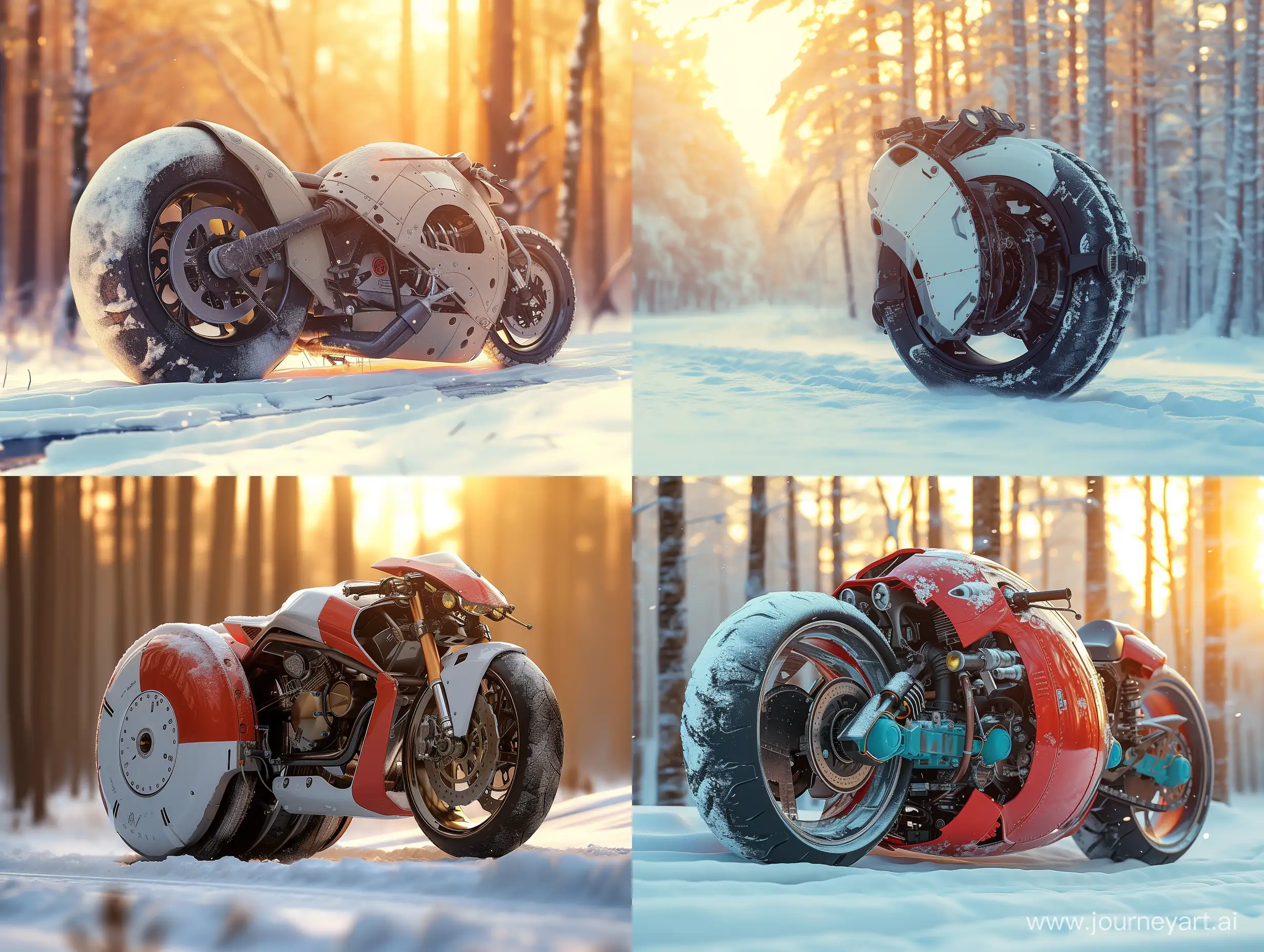 An offroad monowheel motorcycle,with big jet engin,in snow,incredible detail,warm light.