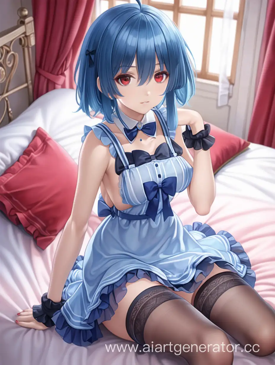 Adorable-Anime-Girl-in-Blue-Hair-and-Short-Dress-on-Bed