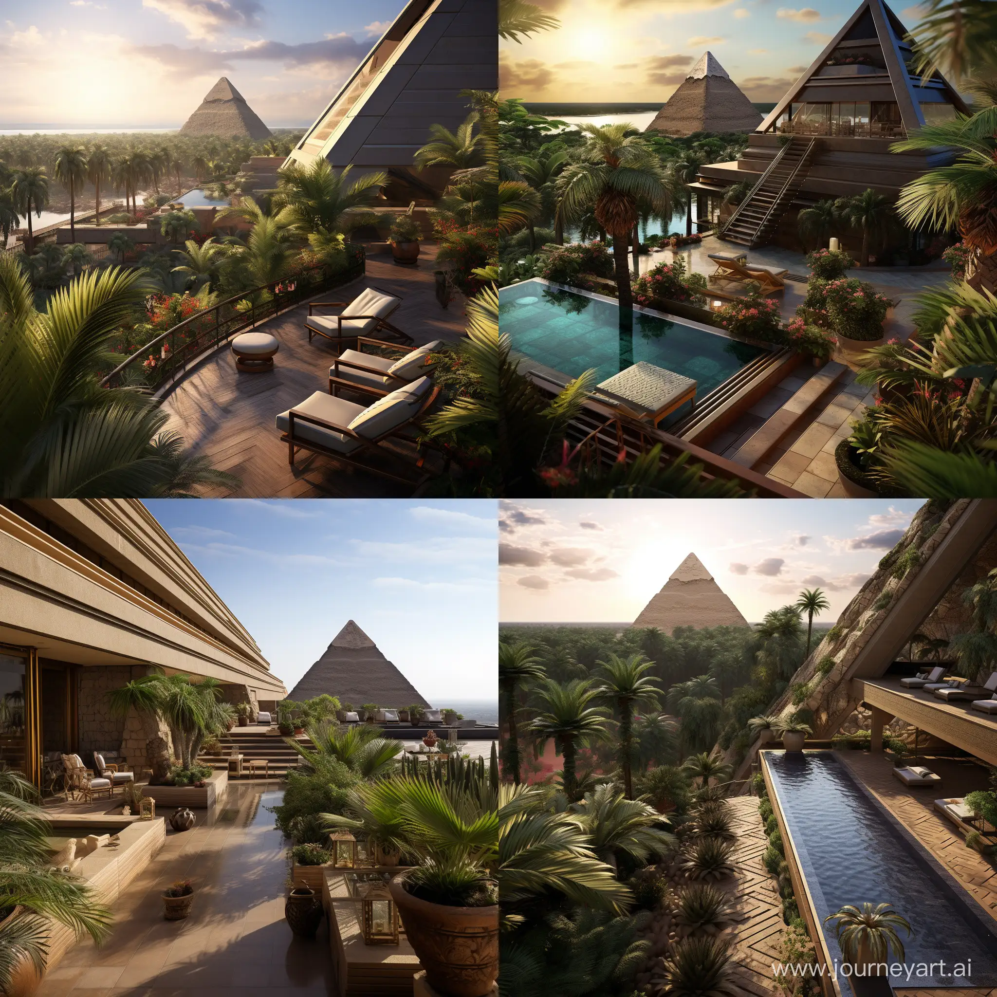 Mısır piramitleri üzerine balkon ve peyzaj