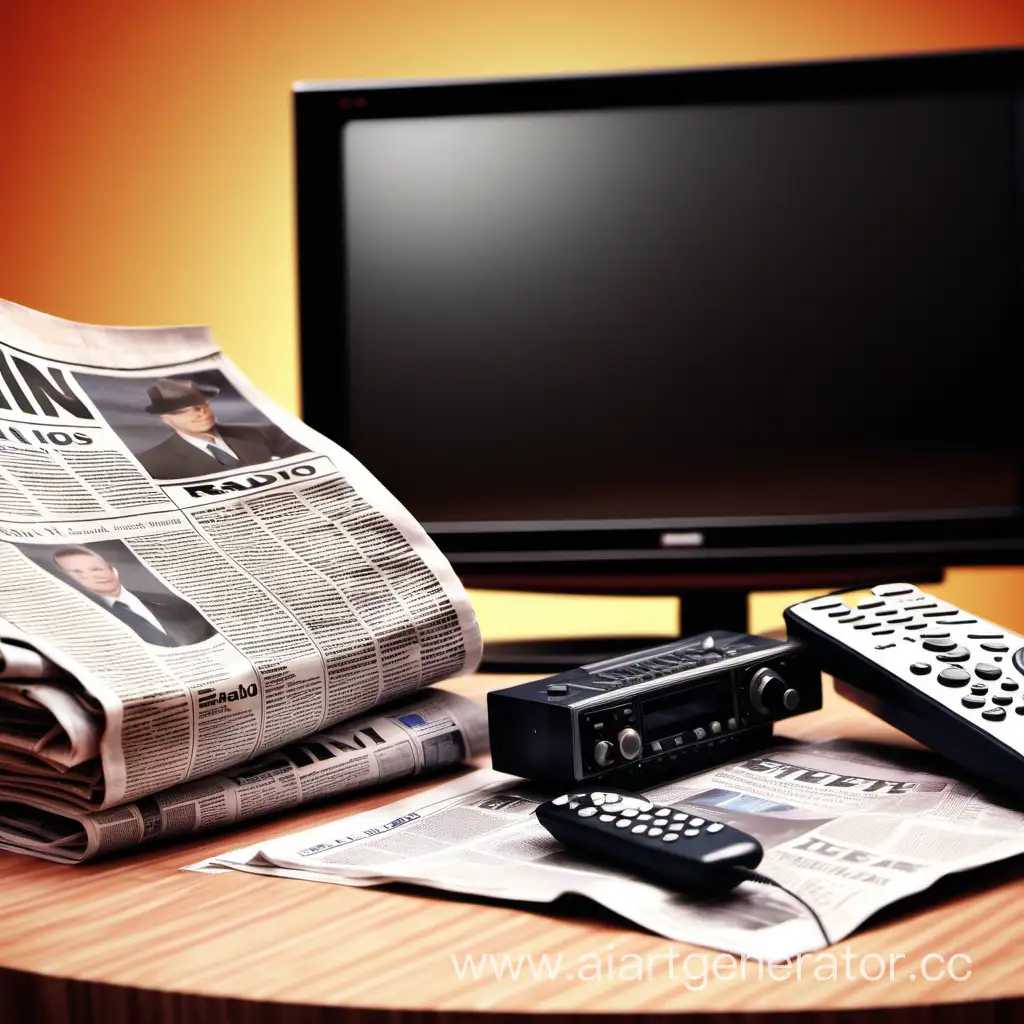 современный телевизор, газета и радио лежат на столе
