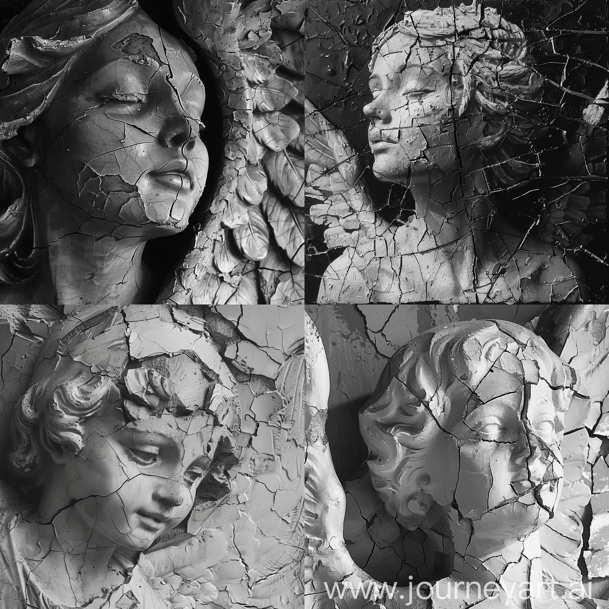 paint me a tempera style, black and white, stone sculpture of an angel, cracked and chipped by the ravages of time
