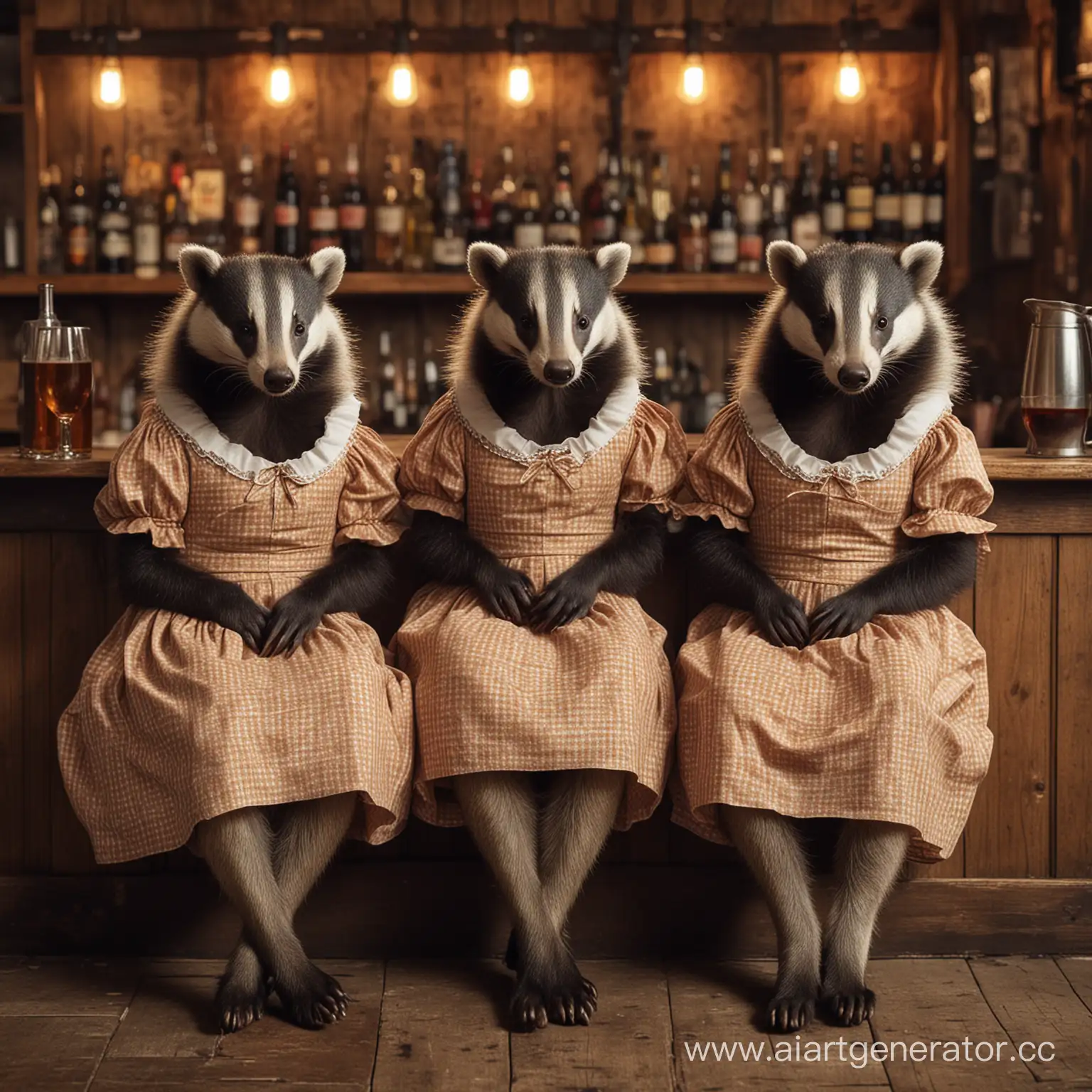 Three-Female-Badgers-in-Dresses-Enjoying-Drinks-at-a-Cozy-Bar