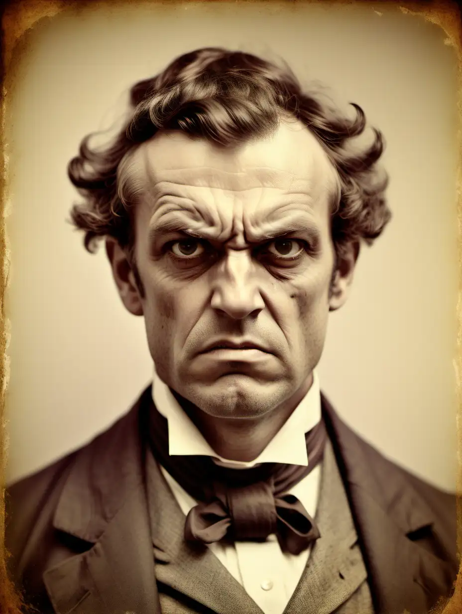 an extremely angry looking victorian man portrait in a vintage photo style