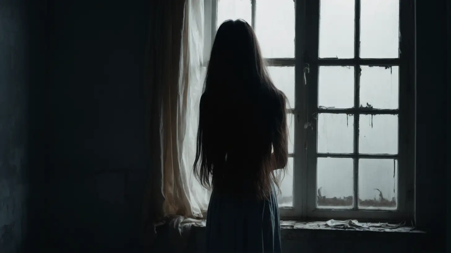 Lonely Woman with Long Hair Standing in the Soft Light of a Dark Room
