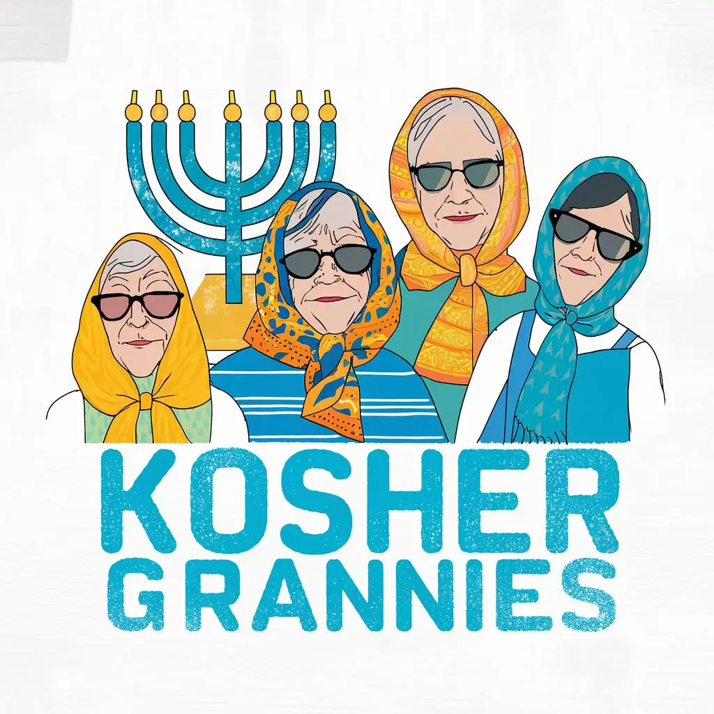 logo, Israel, yellow, blue, white,  4 Jewish old shlchool grannies with sunglasses Israeli colorful headscarves, covered heads not neck, 7 branches Menorah, Paul Klee, with the text "Kosher Grannies", typography, be used in Automotive industry